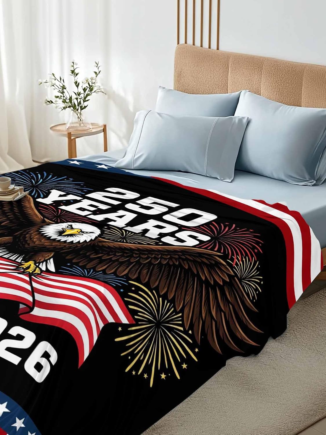 Cal King Size Flat Sheet Only, 1776-2026 Patriotic Eagle Bed Top Sheet Soft Microfiber Breathable Bedding Flat Sheets, Fireworks USA Background Top Sheets Hotel Luxury