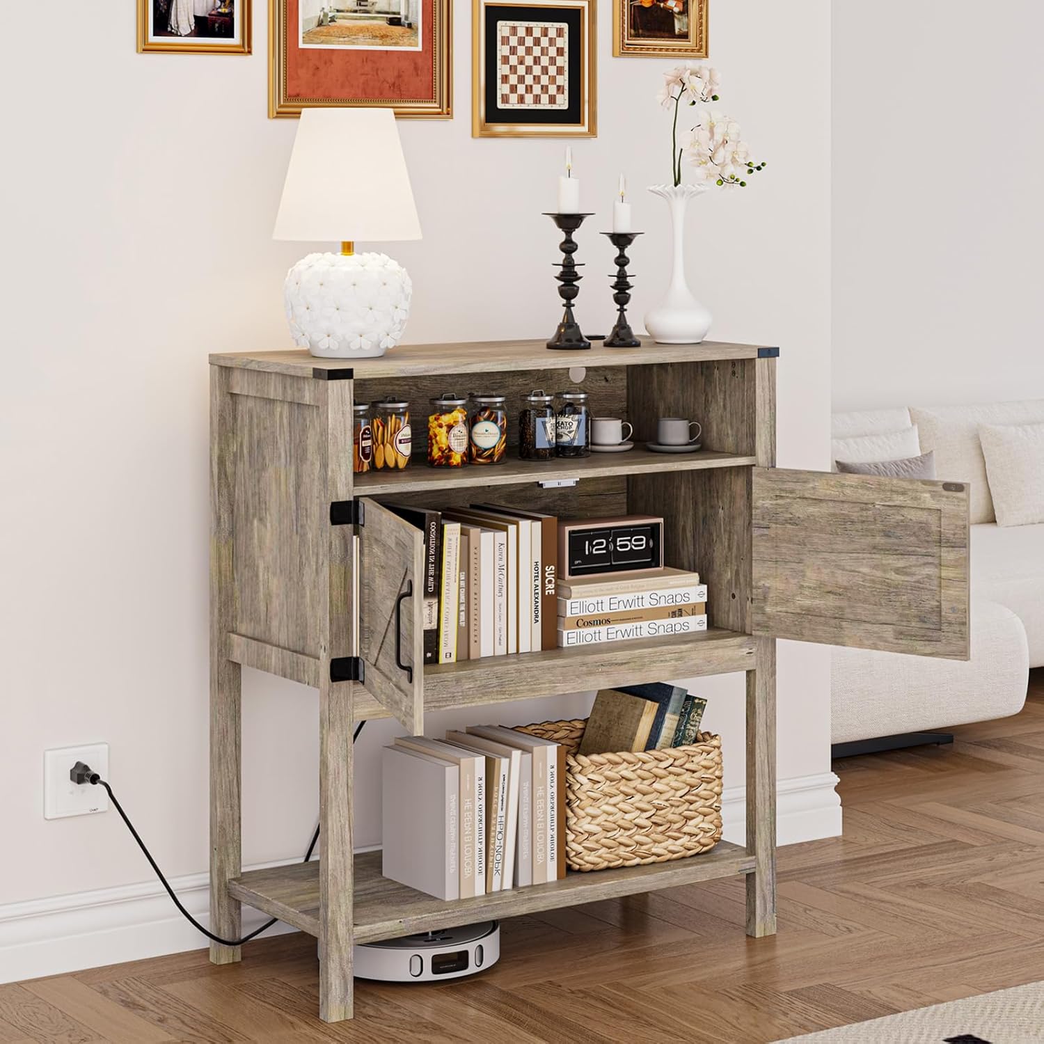 31.5" W Coffee Bar Cabinet with Outlets, 2-Door Farmhouse Console Table Sofa Storage Cabinet Narrow Buffet Sideboard for Kitchen, Pantry, Entryway, Hallway, Dining (Light Oak)