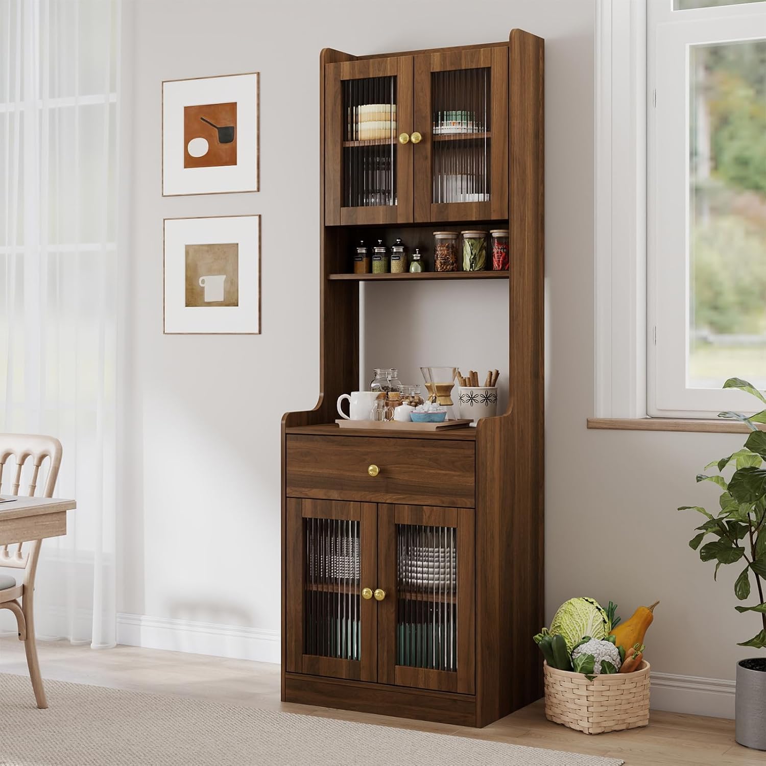 Coffee Bar Cabinet with Storage Kitchen Hutch Cabinet with Countertop 24'' Wide Pantry with Reeded Glass Doors Storage Hutch with Drawer 71" Tall Wine Bar Cabinet for Dining Room Farmhouse Walnut