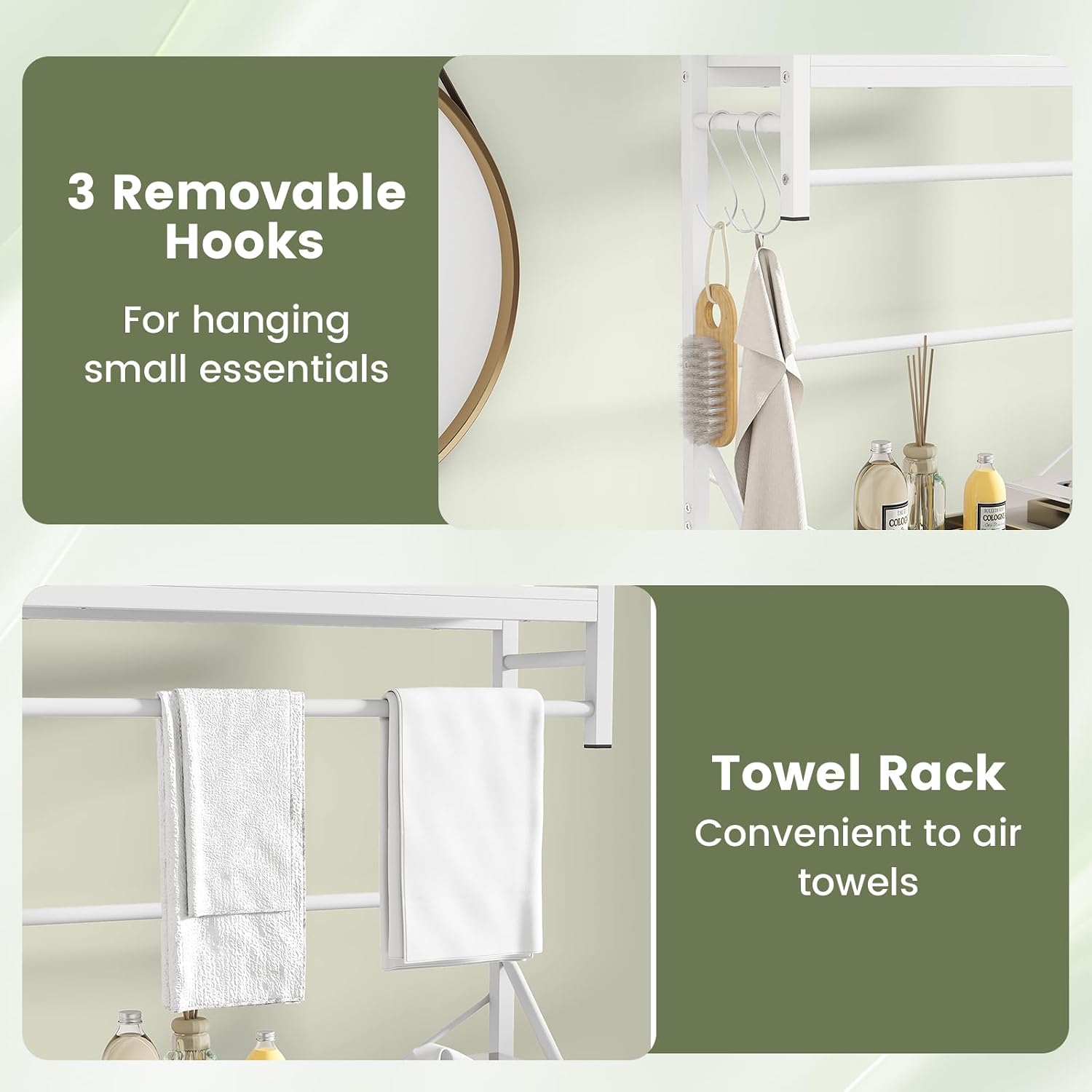 Giantex 3-Tier Over the Toilet Storage Shlelf, Freestanding Space Saver Bathroom Shelves AboveToilet with Towels Bar, 3 Hooks, Metal Over Toilet Bathroom Organizer for Laundry, White