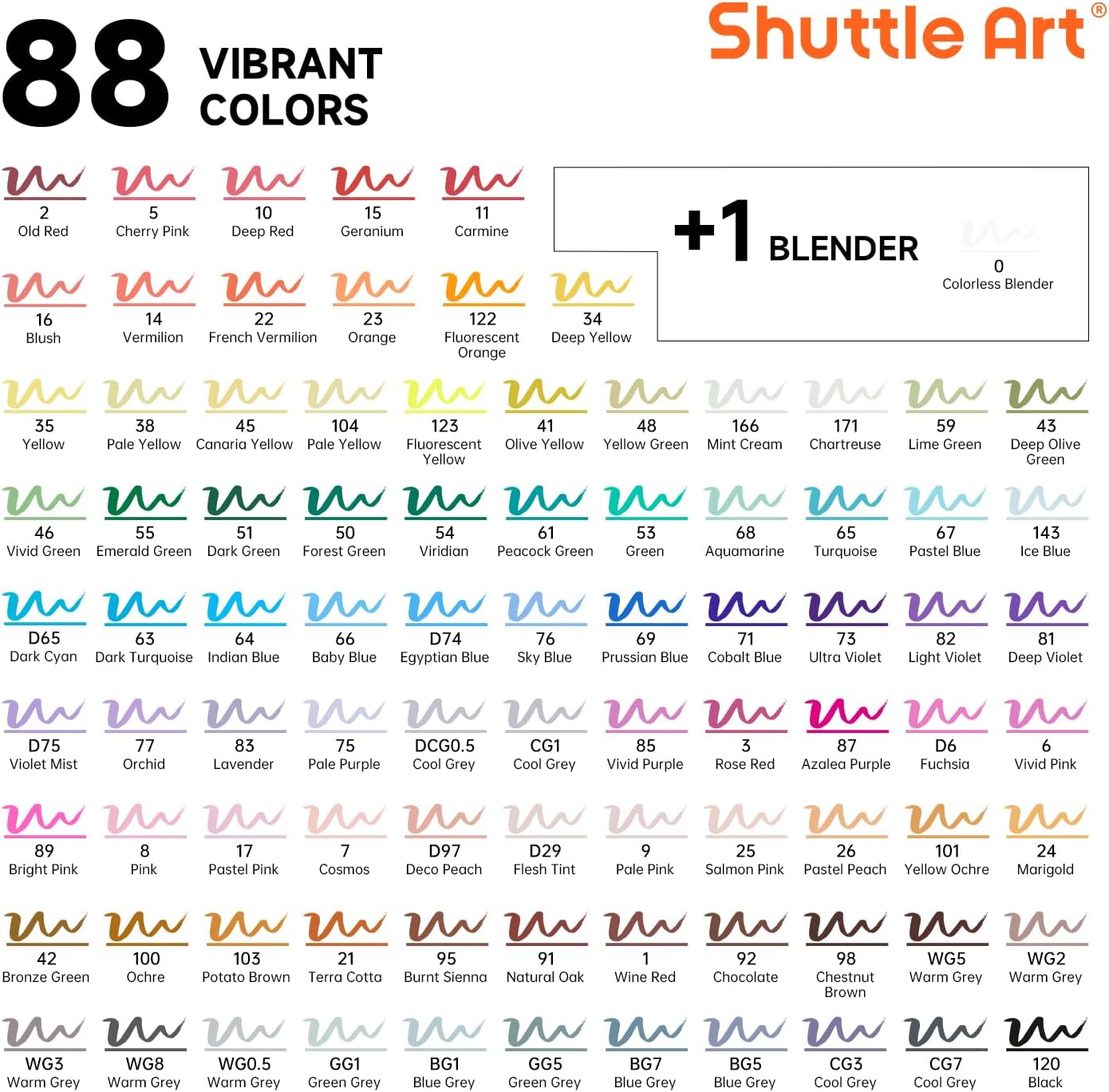 Shuttle Art Brush Tip Alcohol Markers, Dual Tip Brush & Fine Tip Art Marker Set, 89 Colors Marker Pens with Organized Case Perfect for Illustration Kids Students Adults Coloring Sketching