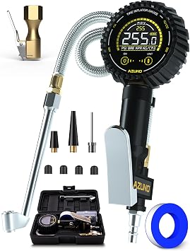AZUNO Digital Tire Inflator Gauge 255 PSI, Heavy Duty Tire Pressure Gauge with Air Chuck, Steel Braided Hose, Quick Connect Coupler & Case for Truck RV Trailer