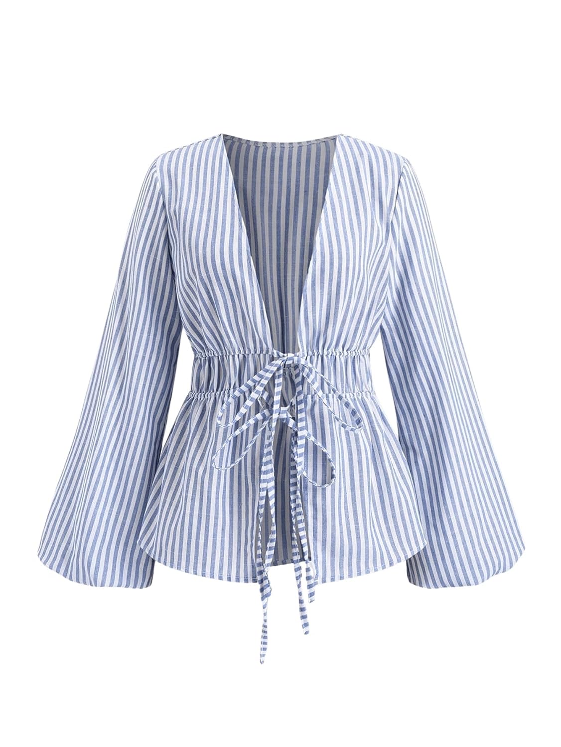 QJQ Womens Striped Peplum Blouses Long Bell Sleeve Deep V Neck Shirt Tie Front Tops Cute Elegant Cardigan