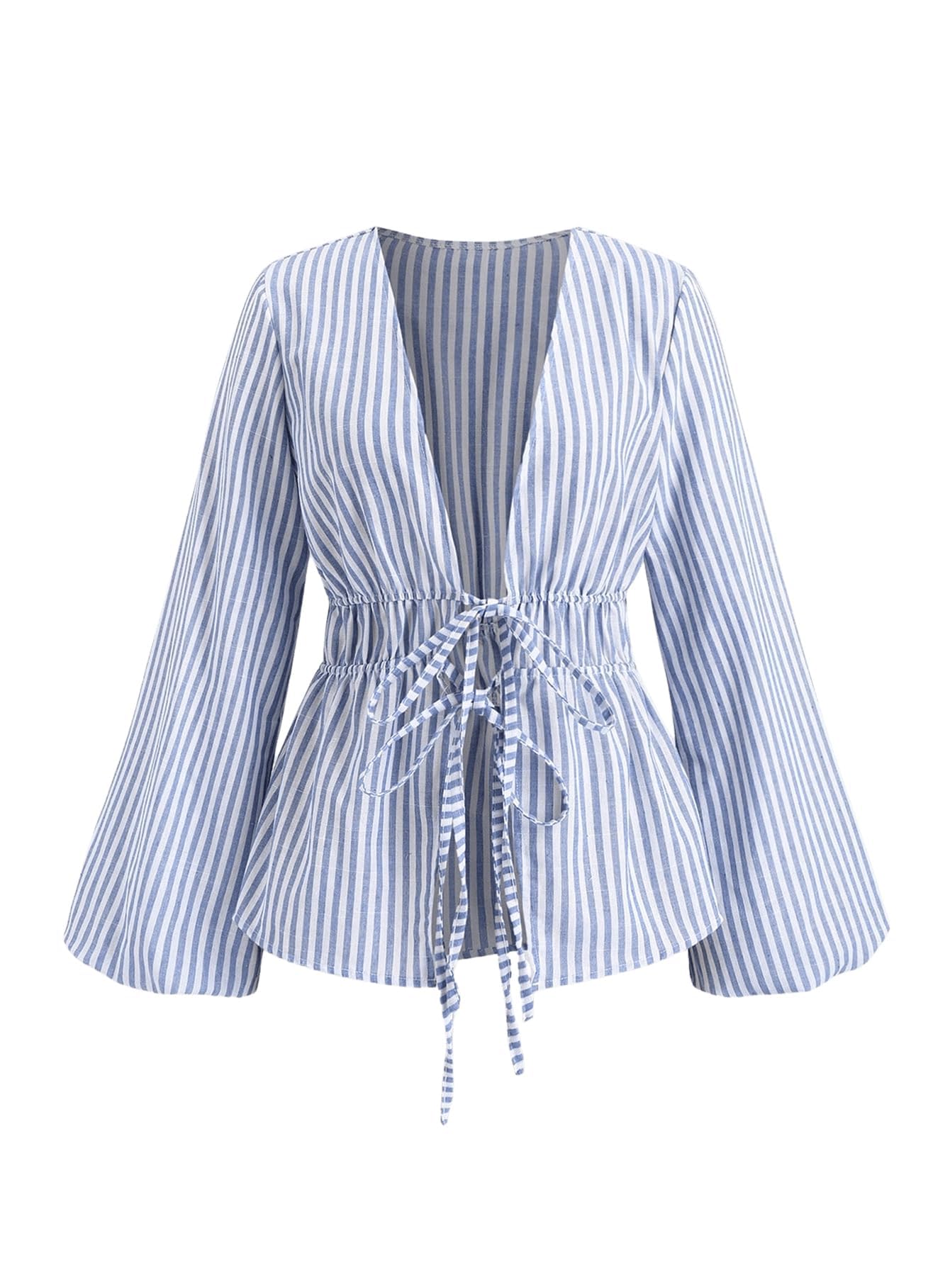 QJQ Womens Striped Peplum Blouses Long Bell Sleeve Deep V Neck Shirt Tie Front Tops Cute Elegant Cardigan