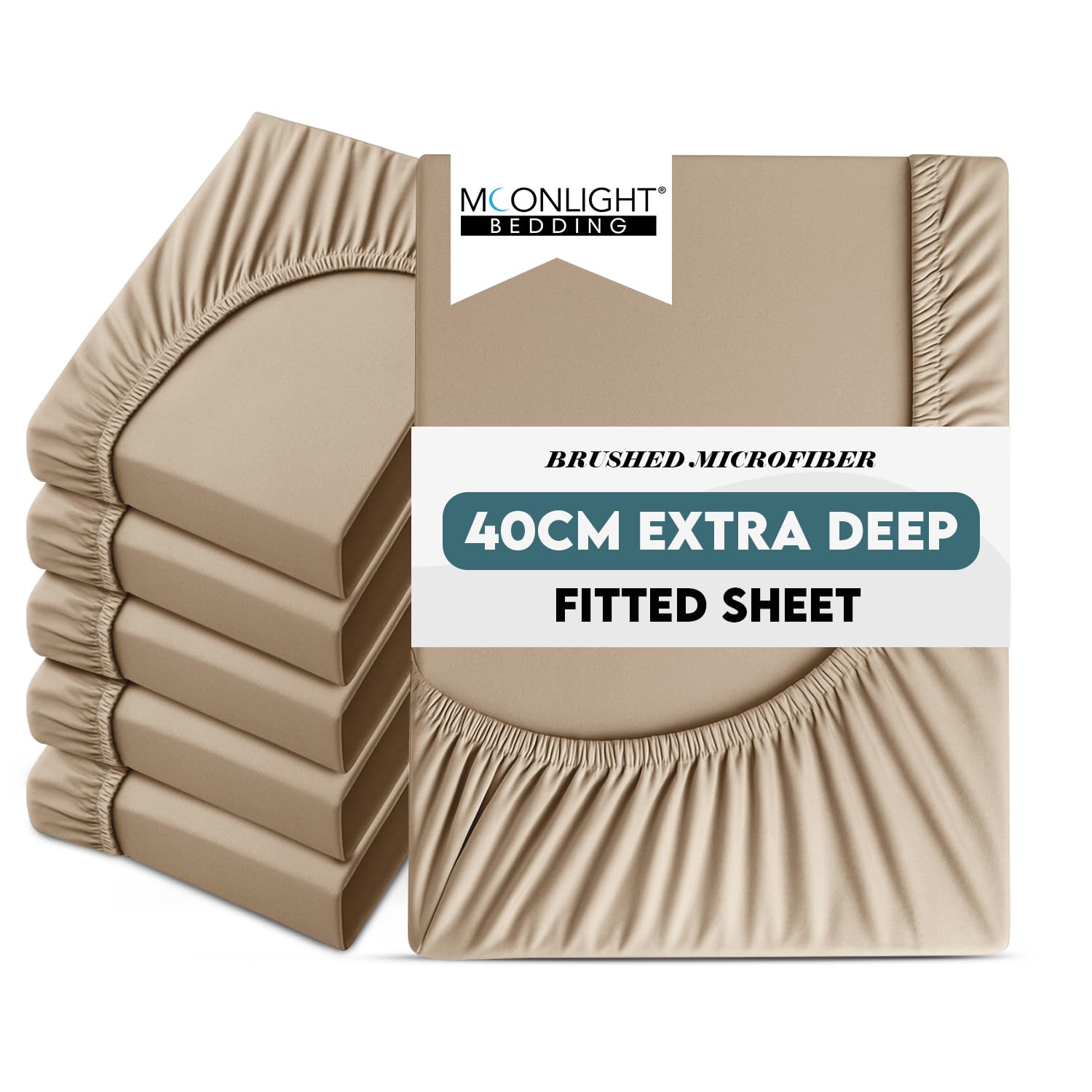 Moonlight Bedding Super King Size Fitted Sheets 6 Pack 40CM Beige Bedsheet with Elastic Corners 16 Inch Bottom Sheet Brushed Microfiber Easy Care Breathable Shrinkage Fade-Resistant