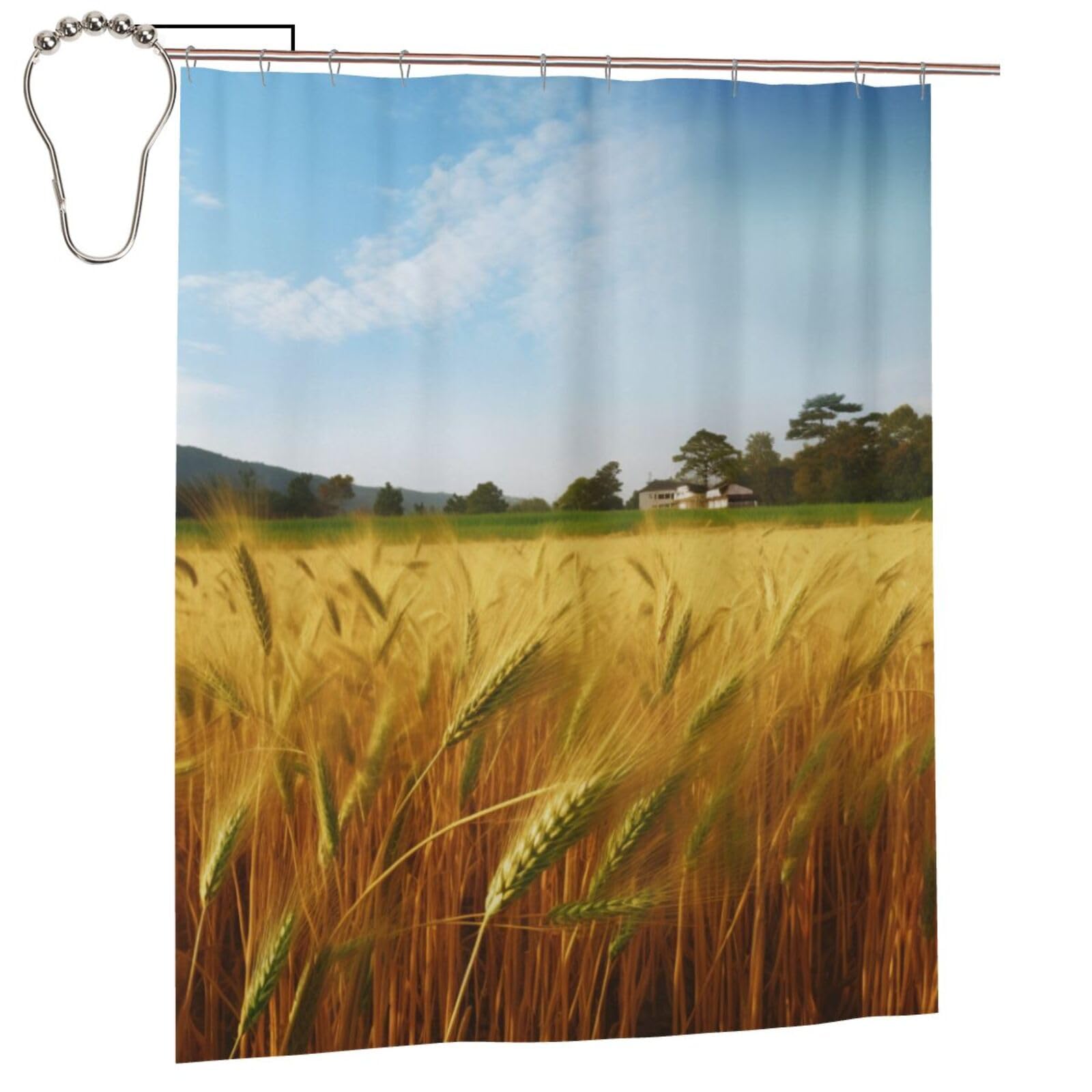 BWWHCCTI Paddy Rice Field Printed Shower Curtain With 12 Iron Hooks Opaque Quick Drying Waterproof Shower Curtains Sets For Bathroom 152x183 Cm