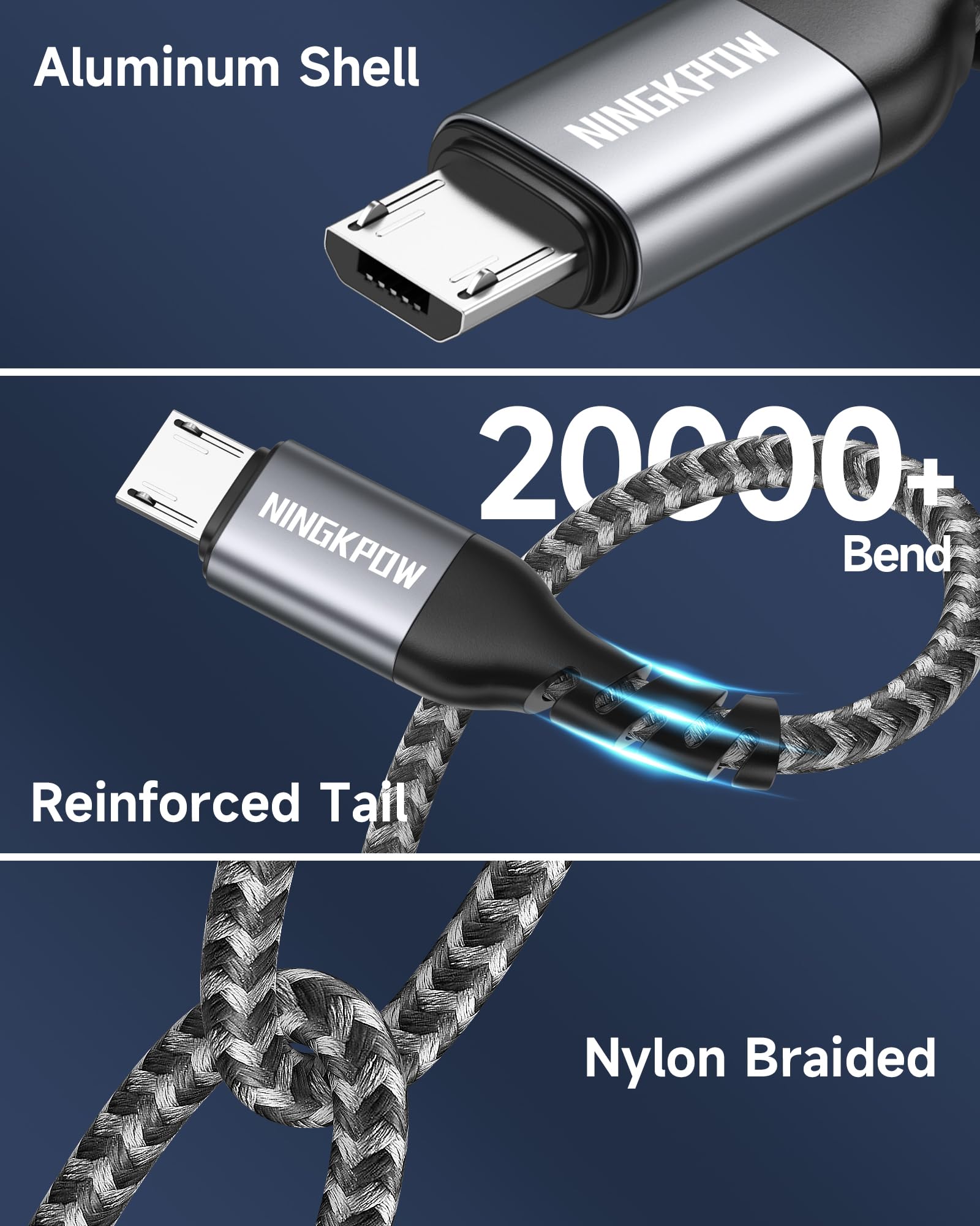 Kabel Micro USB [2-pak/2M+2M] do Szybkiego Ładowania, Nylon w Oplocie | Kompatybilny z Galaxy S7 S6 S5 J7 (2018) J6 J5, Huawei P Smart, P50 P40 Lite, LG - Szary