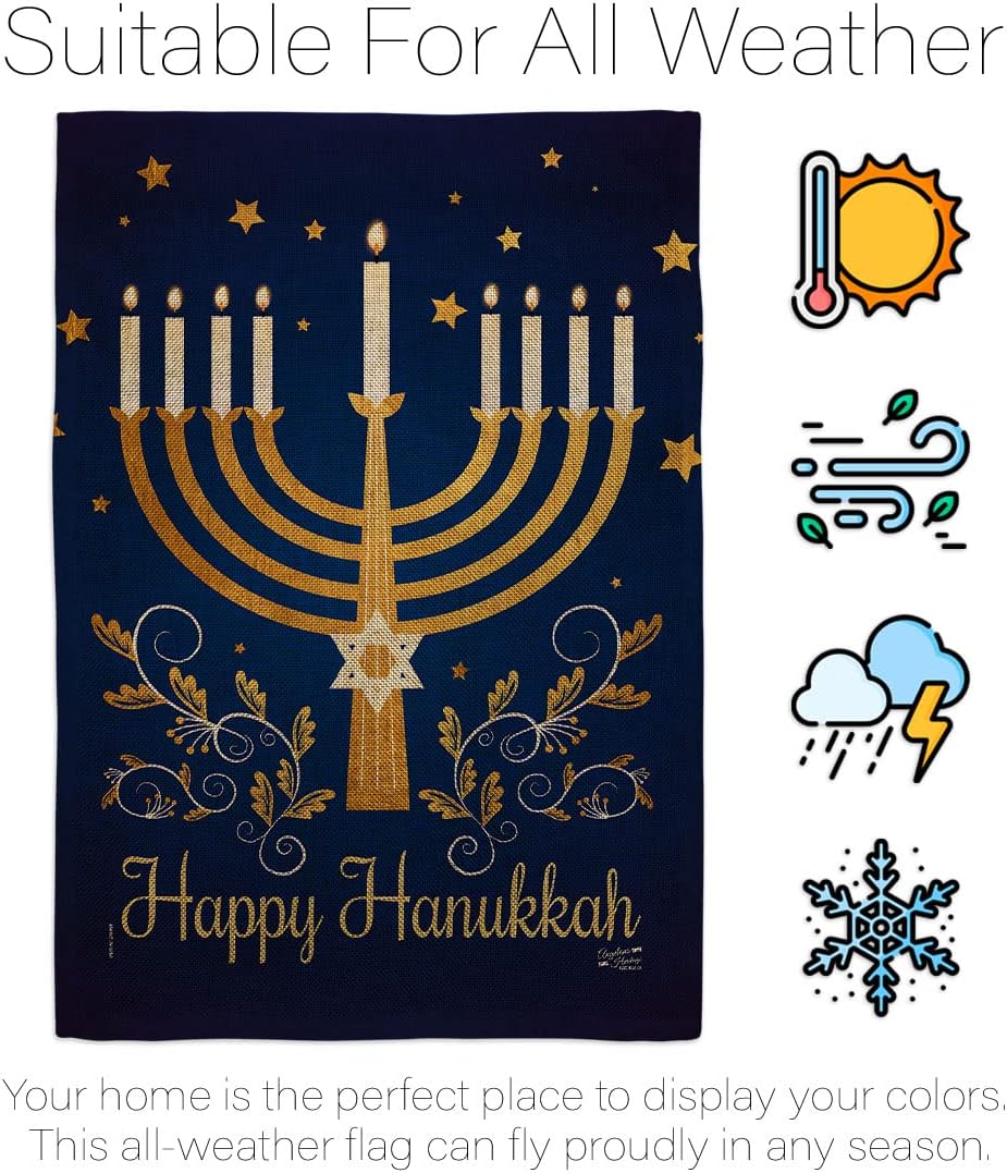 Happy Hanukkah Burlap Garden Flag Winter Candle Bonsai Menorah Jewish Chanukah David House Decoration Banner Small Yard Gift Double-Sided, 13"x 18.5", Made in USA