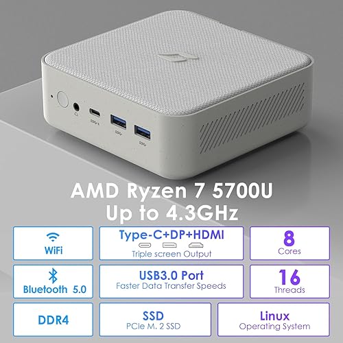 Miniatura 2 de Micro PC de escritorio Linux, AMD Ryzen 7 5700U Mini PC (8C16T, hasta 4.3Ghz), 8GB DDR4 RAM 256GB PCIe SSD Mini PC para juegos 4K triple pantalla
