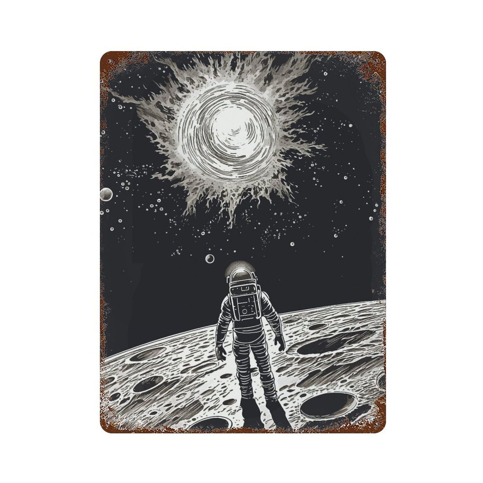 Rusty Metal Tin Sign Black And White Astronaut 15.7"x11.8", Industrial Home Decor for Patio, Garden Room And Bar Decor