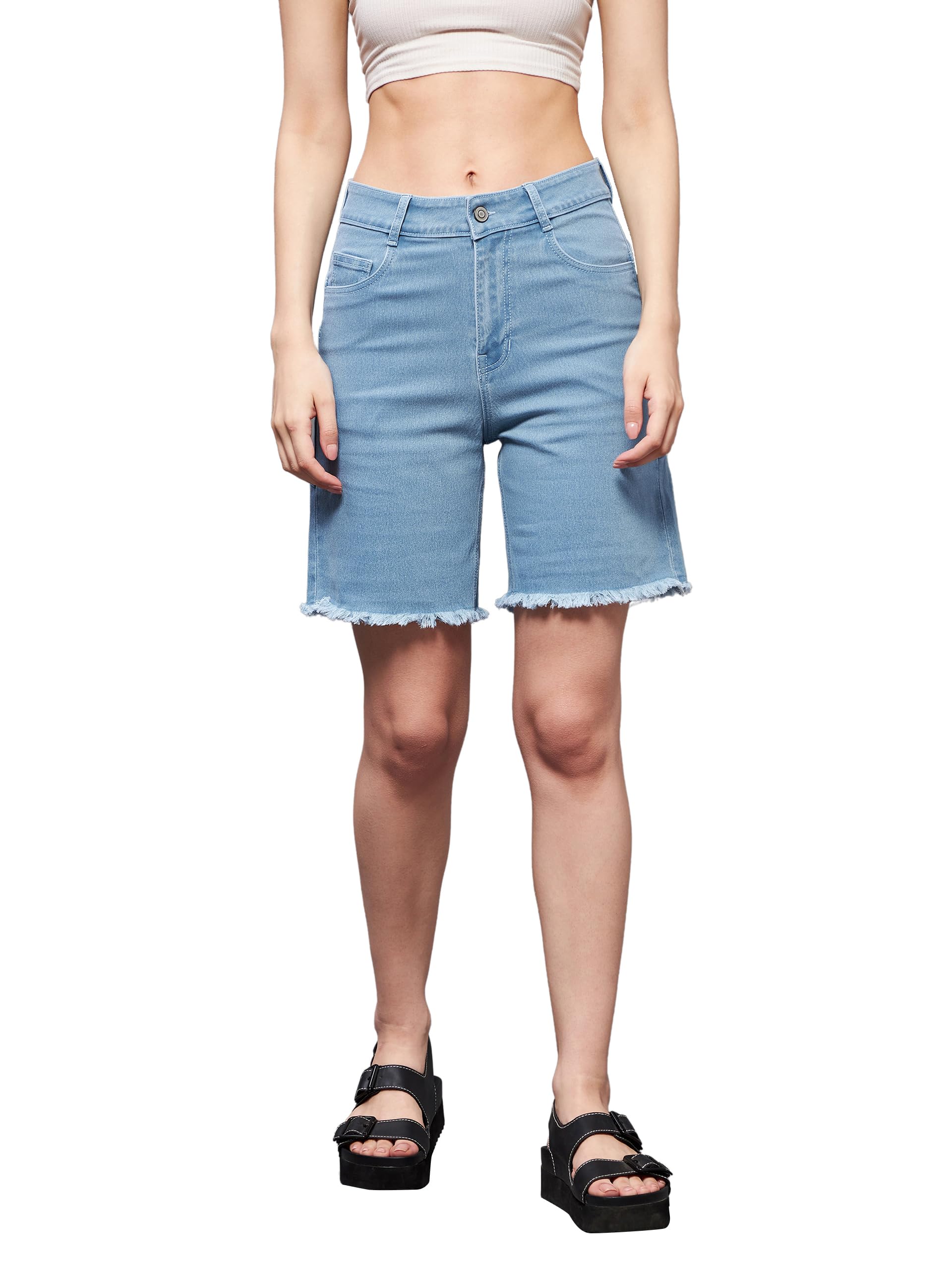 Women's Regular Length High Rise Clean Look Above Knee Stretchable Denim Shorts