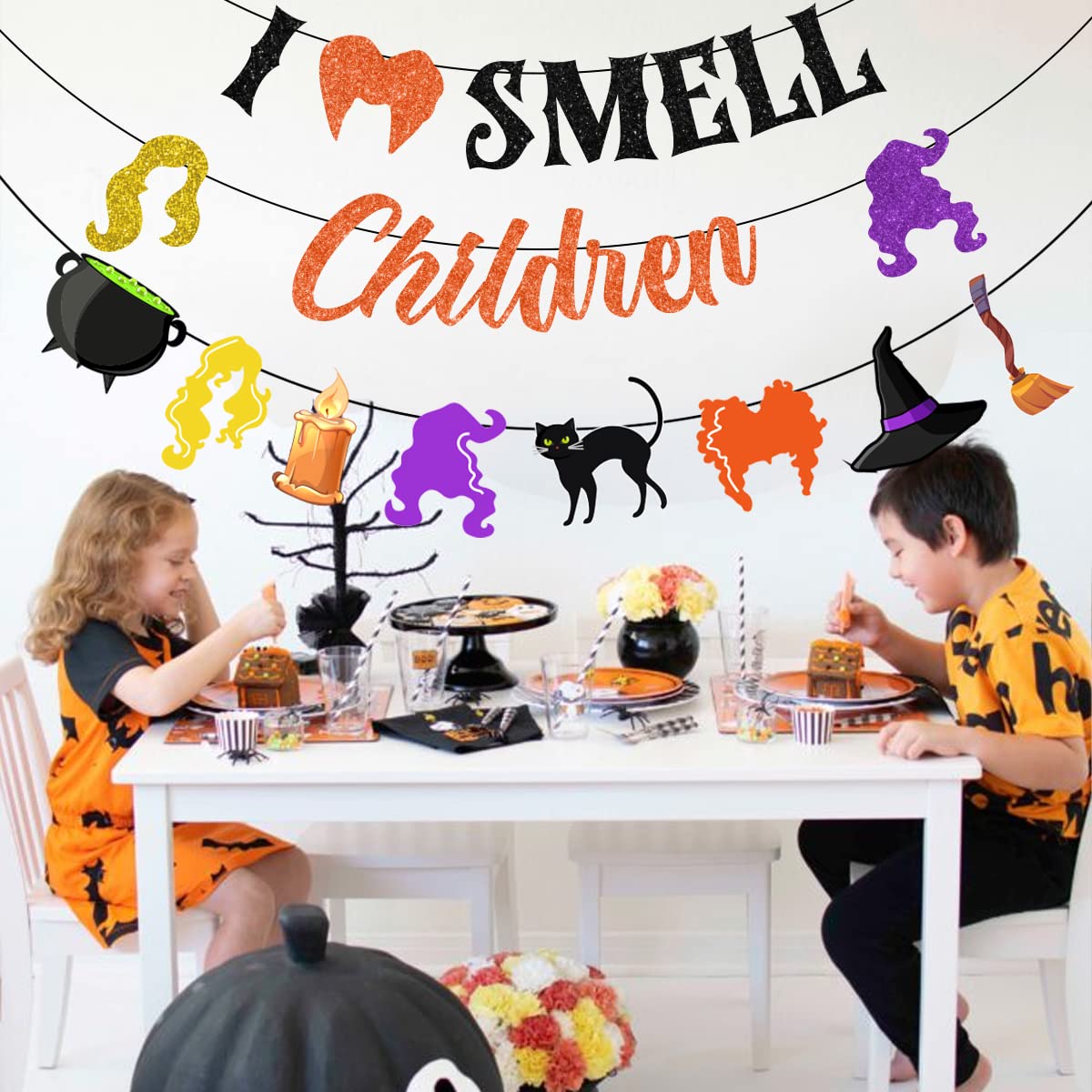 Halloween Witch Banner & Garland Set - Funny Party Decorations With Cat, Hat, Broom Signs