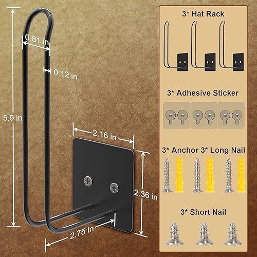 Miniatura 7 de Paquete de 3 percheros antioxidantes, organizador de sombreros para gorras de béisbol, adhesivo sin perforaciónsoporte para sombreros de