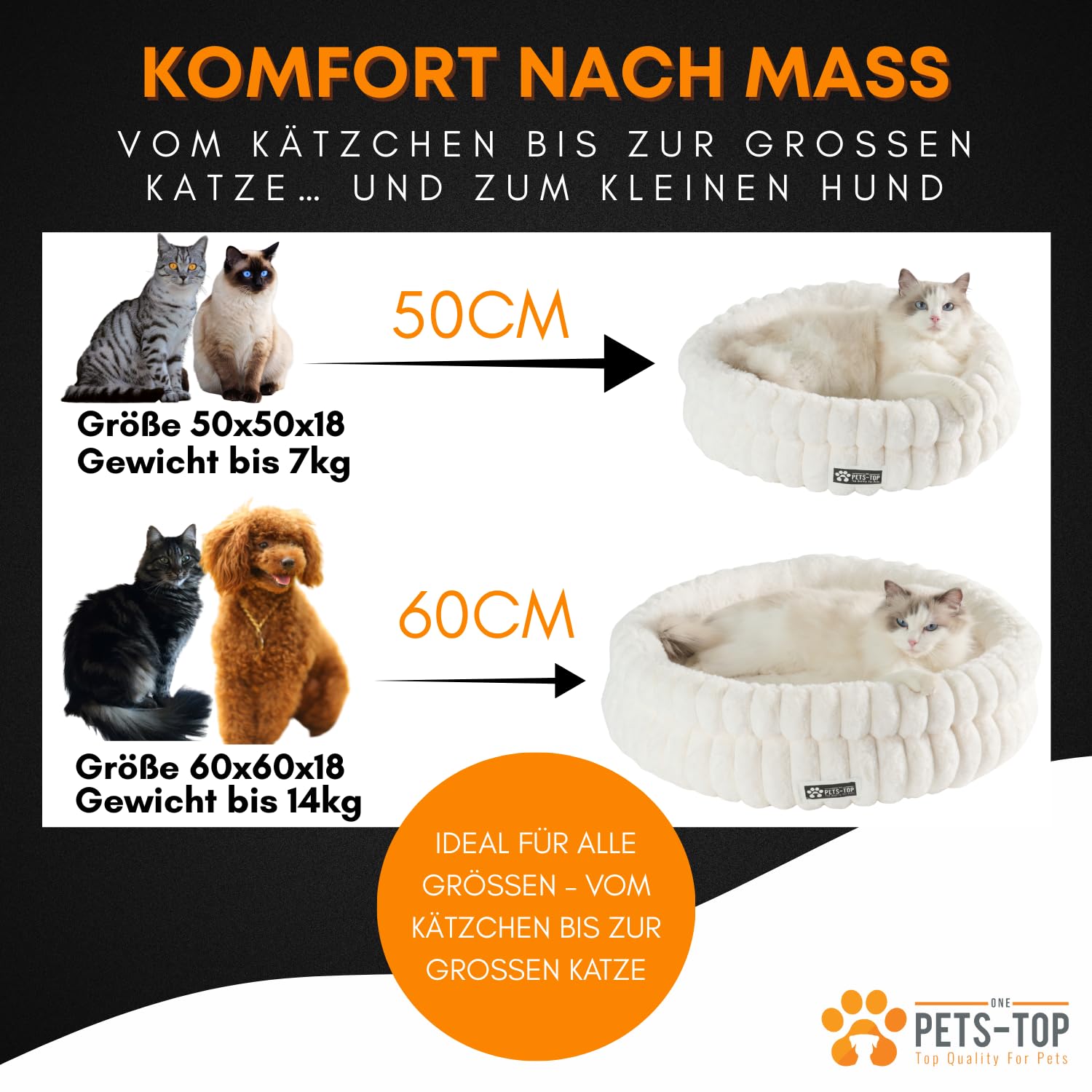 One PETS-TOP Katzenbett Flauschig – Katzenkissen Rund Weich – Cat Bed Waschbar – Schlafplatz für Katze & Kleine Hunde – rutschfest (Weiß, 50cm)