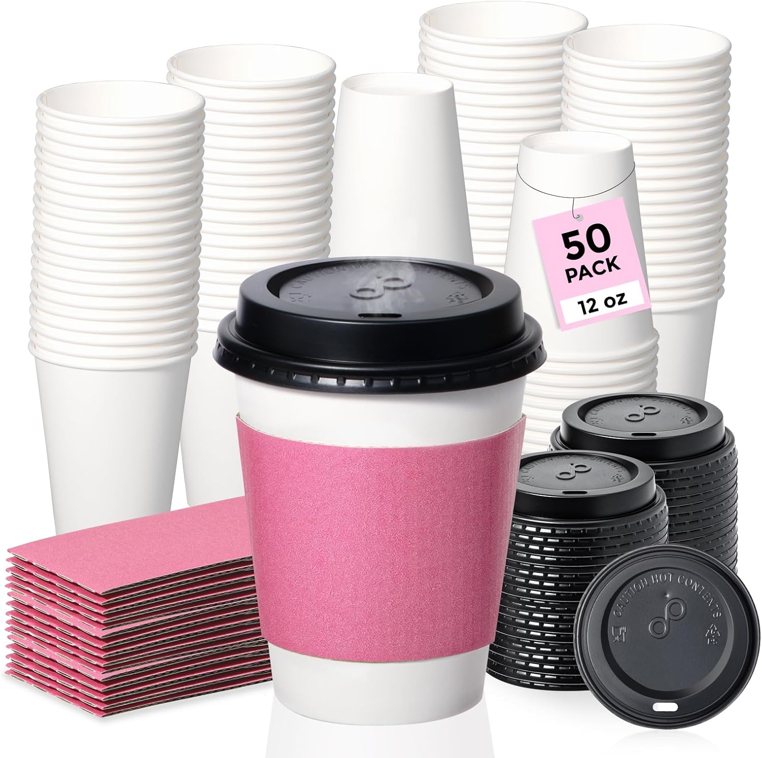 Fit Meal Prep 50 Pack 12 oz Disposable Coffee Cups with Lids and Pink Sleeves Lead-Proof Sturdy To Go Coffee Cups with Lids, Pink Hot Paper Cups for Party, Wedding, Birthday (Black Lids)