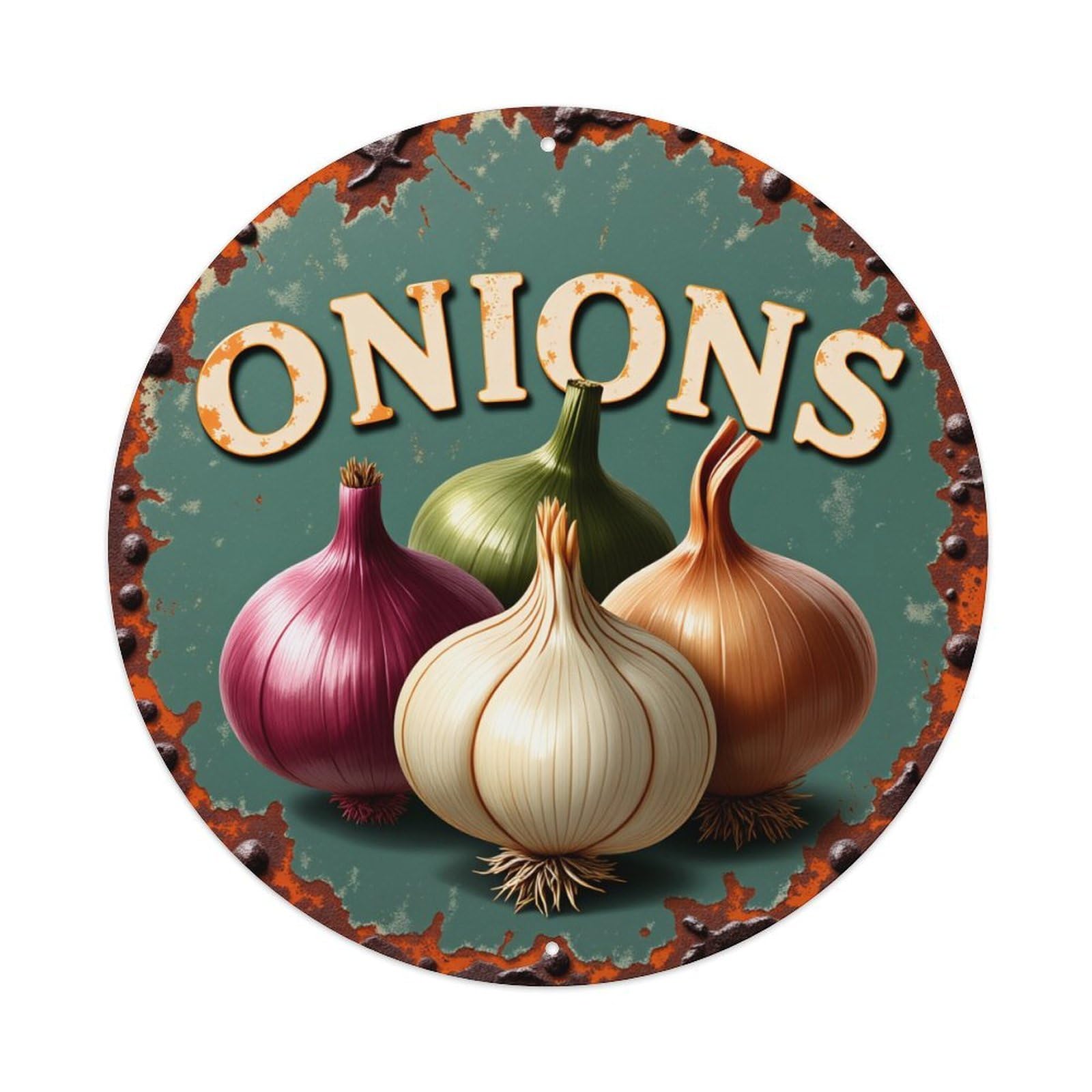 Onions Garlic Shallots Leeks Chives Round Tin Sign Vintage Metal Poster, Home Bar Garage Man Cave Cafe Indoor & Outdoor Wall Decoration 8x8Inches