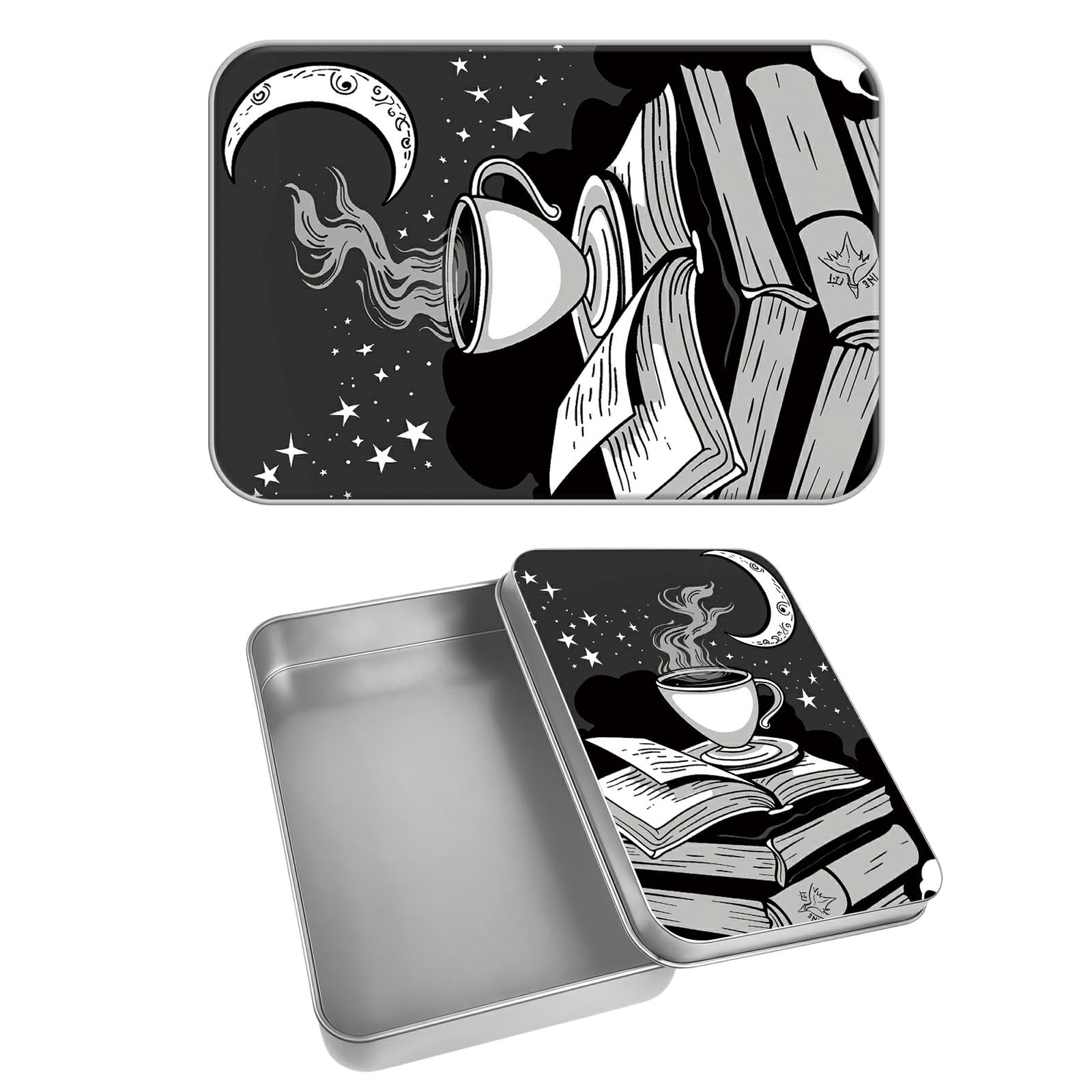 Rectangular Metal Tin Box with Removable Lid, Coffee Books Decorative Printed Metal Storage Container for Cards, Diaries, Home Organization 4.53 x 3.35 x 0.86 inch– Single Pack