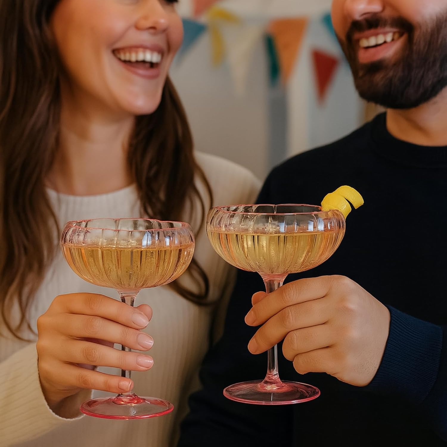 Khen Flower Modern Wavy Glass Coupes Martini, Champagne & Cocktail Coupes - Set of 2-7.7oz Colorful Cocktail Glasses & Prosecco, Mimosa Glassware Copyright Design - Blush Pink