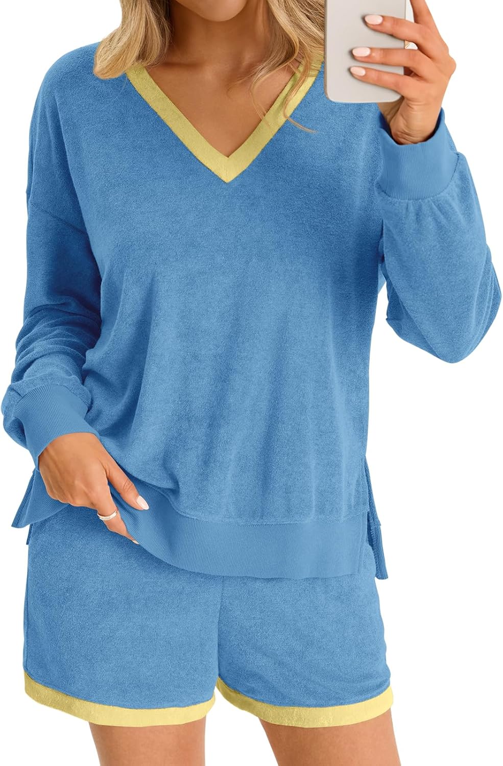 Tankaneo Womens V Neck 2 Piece Pajama Short Sets Color Block Loose Fit Long Sleeve Shirt and High Waisted Shorts Lounge Sets