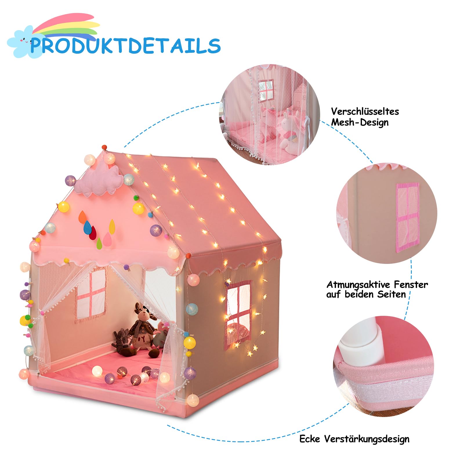 Ergocar Tipi Zelt für Kinder, Kinderzelt für Drinnen Mädchen, Draußen Spielzelt für Jungs, Prinzessin Prinz Traumschloss mit Farbige Kugeln & Sternlichter, Zelt Kinderzimmer Geburtstag Geschenk