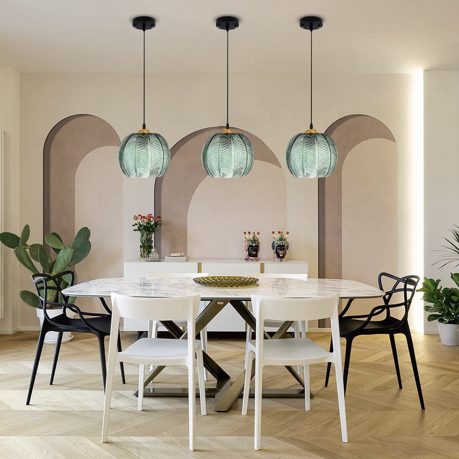 Lámpara Colgante Moderna de 1/3 Luces con Pantalla de Vidrio, diseño clásico de Vidrio Acanalado, Ajustable, Estilo Mediados de Siglo, Ideal para Isla de Cocina, Fregadero, Sala de Estar, pa