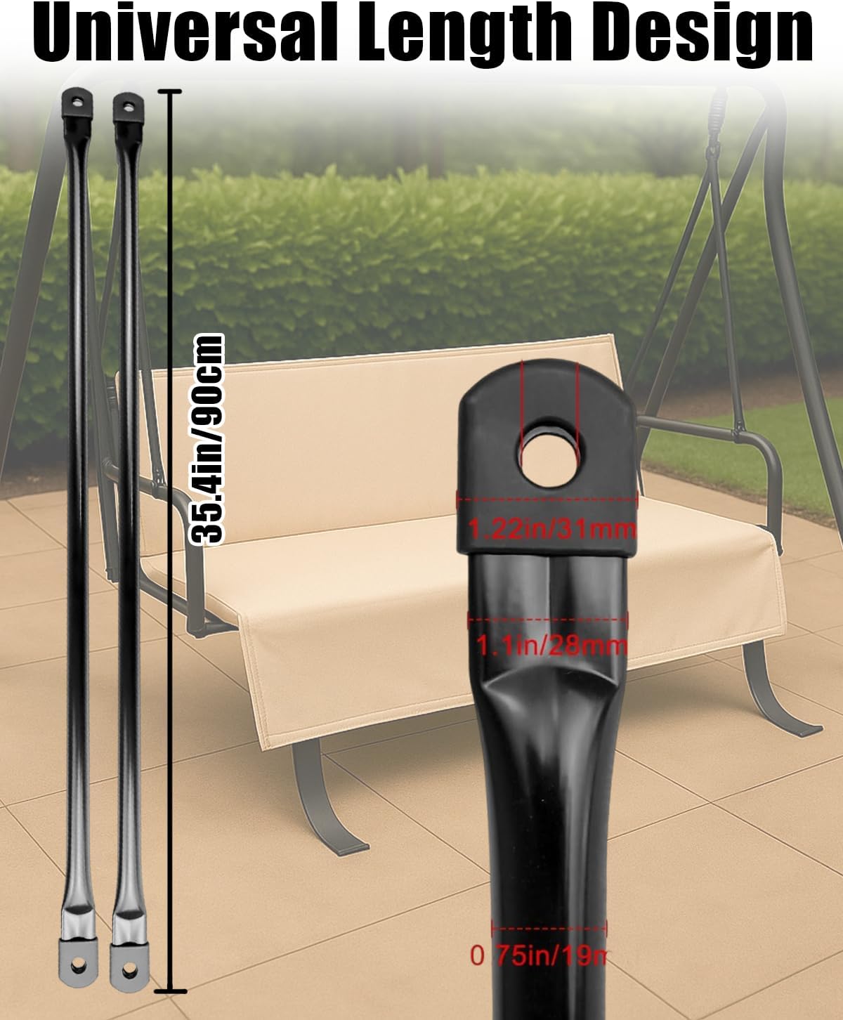 Patio Swing Seat Replacement Rods, 35.4" Black Metal Round Bars for Hanging Swing Seat to Frame, 2pcs