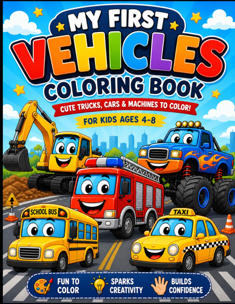 Construction Vehicles Coloring Book for Kids Ages 4–8: Cute Trucks, Diggers & Big Machines for Fun and Creative Learning