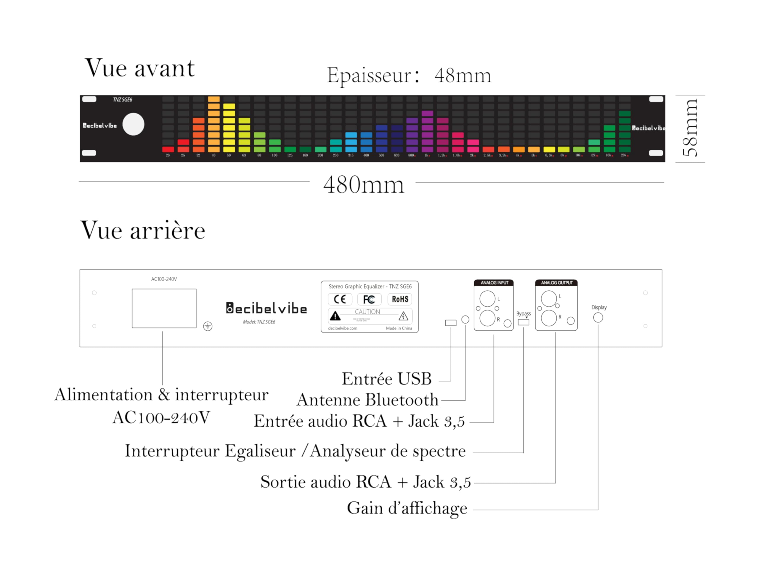 Decibelvibe TNZ SGE6 - Égaliseur Graphique Audio avec Entrée/Sortie RCA-Jack 3.5, entrée sans Fil Via Un Microphone intégré, entrée USB et Bluetooth, préampli Audio pour Systèmes Audio-Vidéo (Argent)