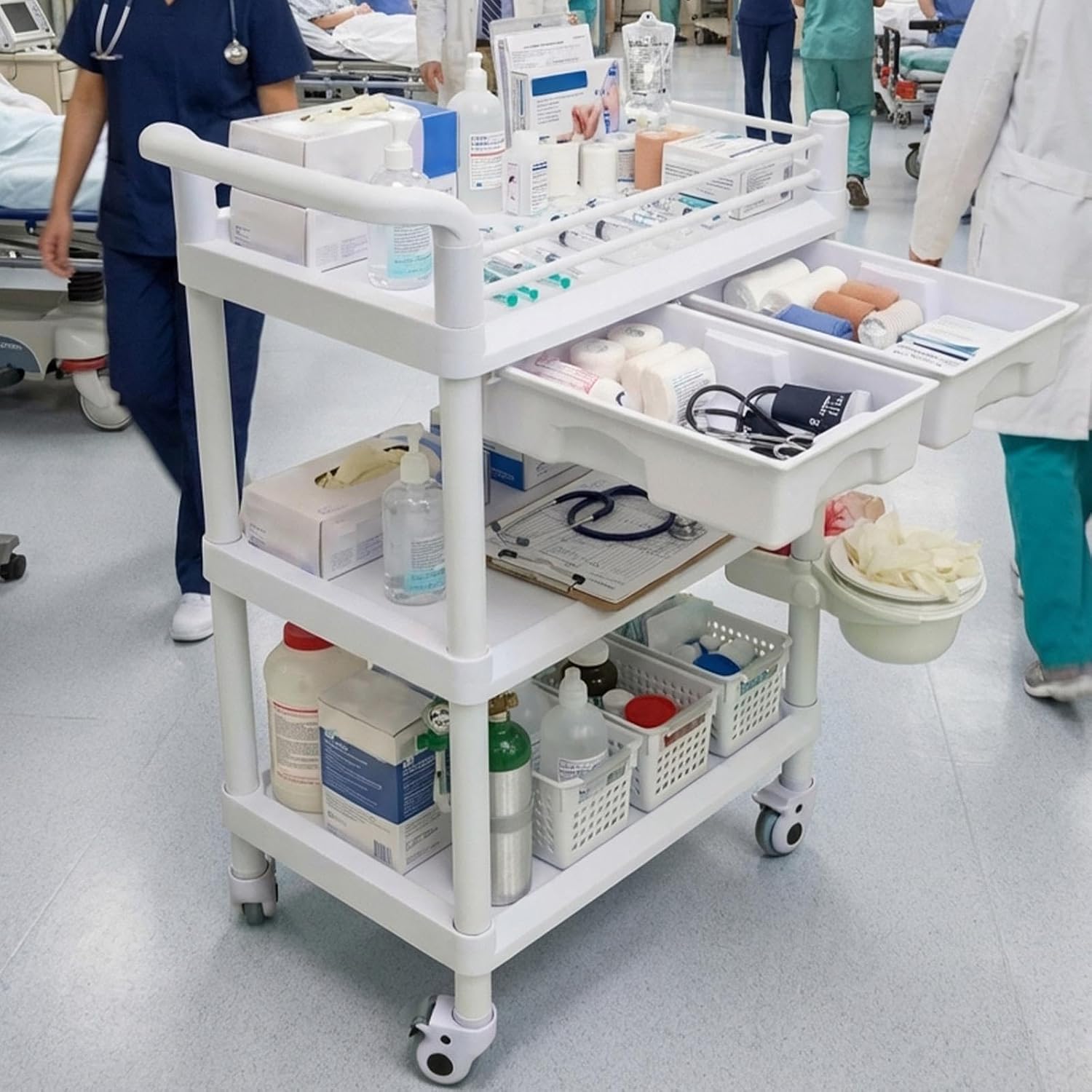 Medical Utility Cart with Drawers and Wheels, 3-Tier Rolling Medical Trolley for Clinic, Hospital, Lab and Professional Use