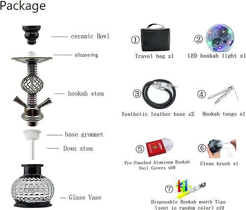 Miniatura 6 de Juego de cachimba actualizado 2 mangueras Deluxe Hookah con luz LED cachimba bolsa de viaje portátil Shisha moderna con 50 piezas de cubierta de
