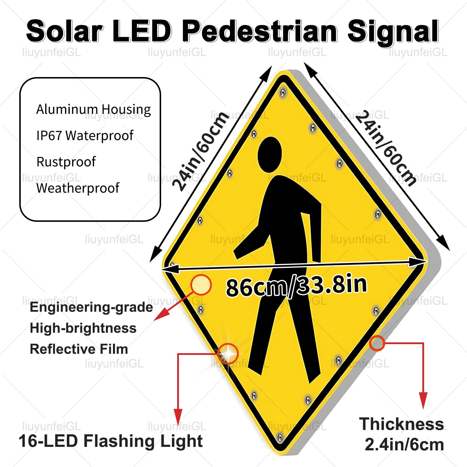 Señal Solar LED Intermitente para Paso de Peatones, 24x24 30x30 Pulgadas IP65 Aluminio Impermeable para Zonas Escolares y Vías Urbanas 24in