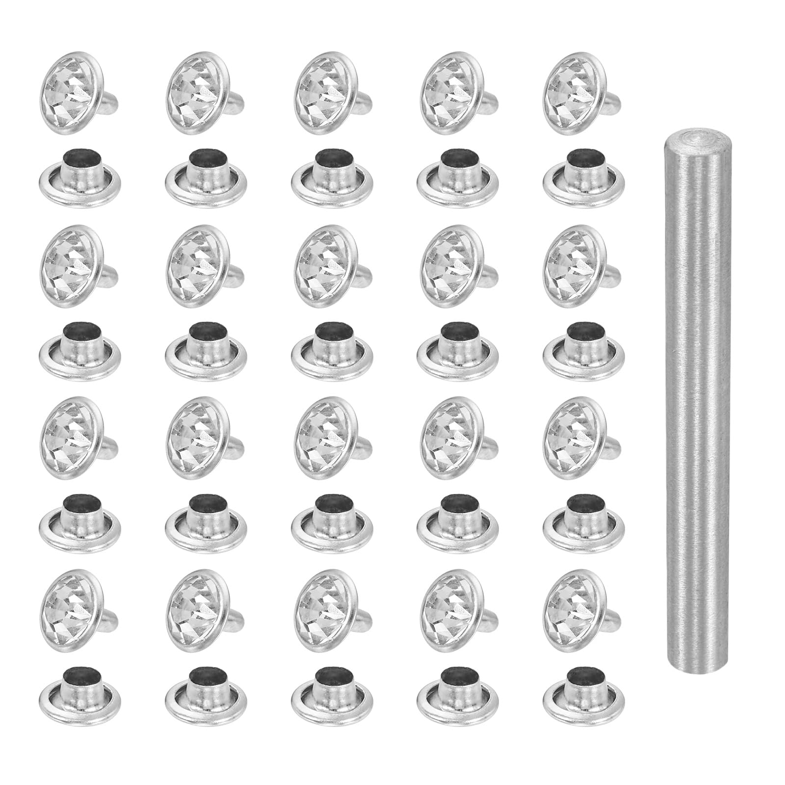 sourcing map 100pcs Crystal Rivets 10mm Rhinestone Rapid Stud Rivets with Steel Installation Tool for Clothing Leather Fabric Arts Crafts Decoration Leathercraft, Silver White