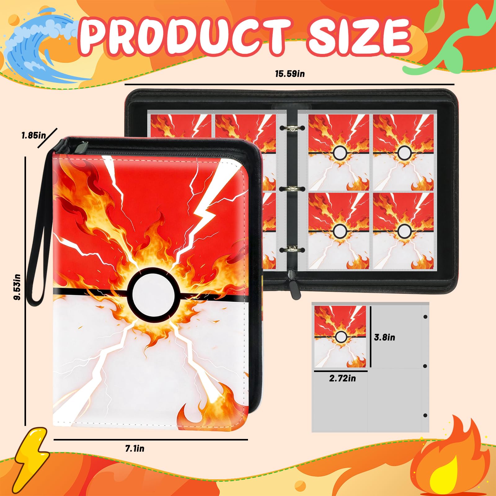 Card Binder 4 Pocket, Sammelkartenbinder Halten 440 Karten mit 55 Abnehmbare Kartenhüllen, 3 Ringbuch Reißverschluss Kartenhalter Kartenbuch Album Kompatibel mit Pokemon Card Binder, TCG, MTG