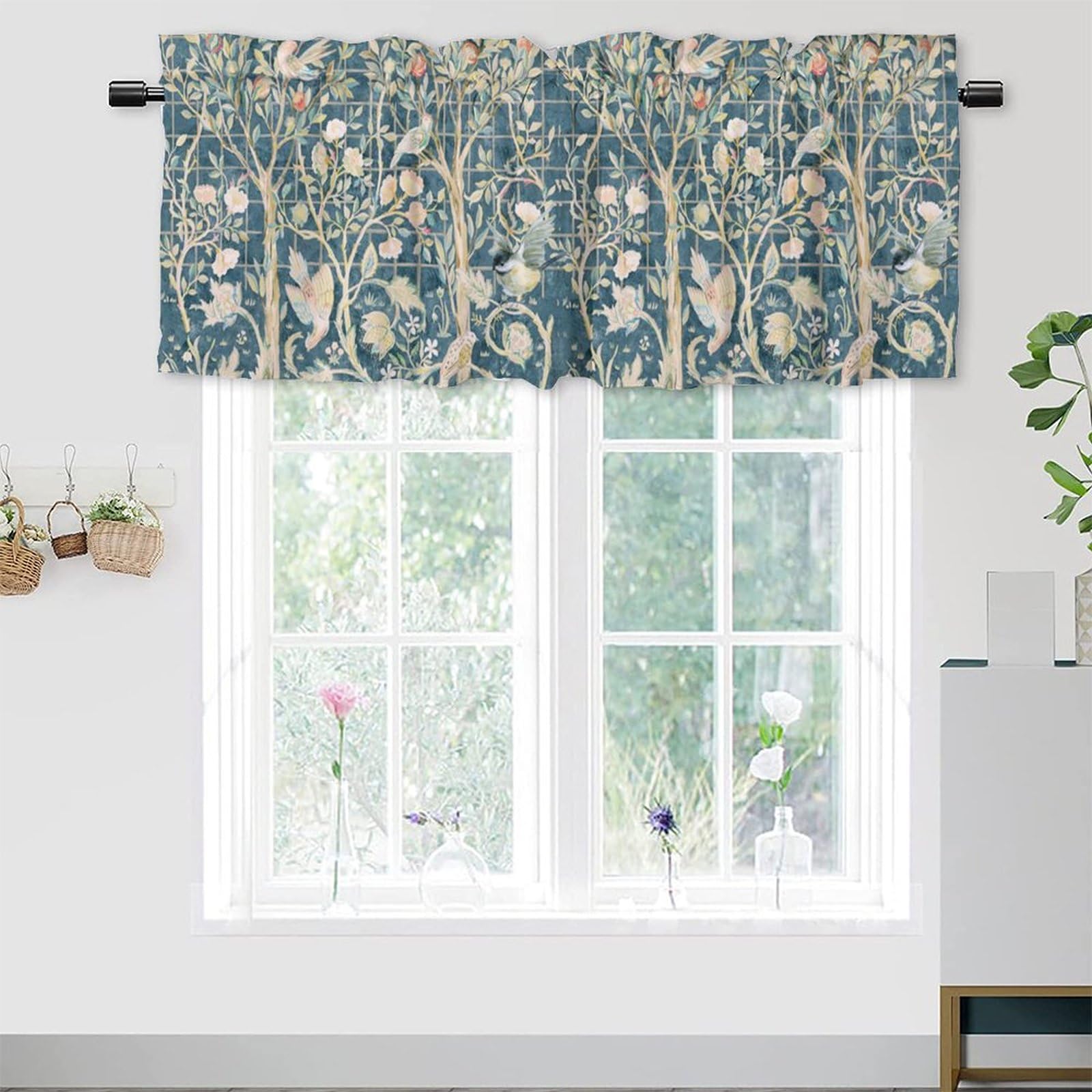 Abstract Boho William Morris Art Kitchens Valances for Window,Retro Mid Century Garden Floral Bird Rod Pocket Curtain Valance for Bathroom Living Room
