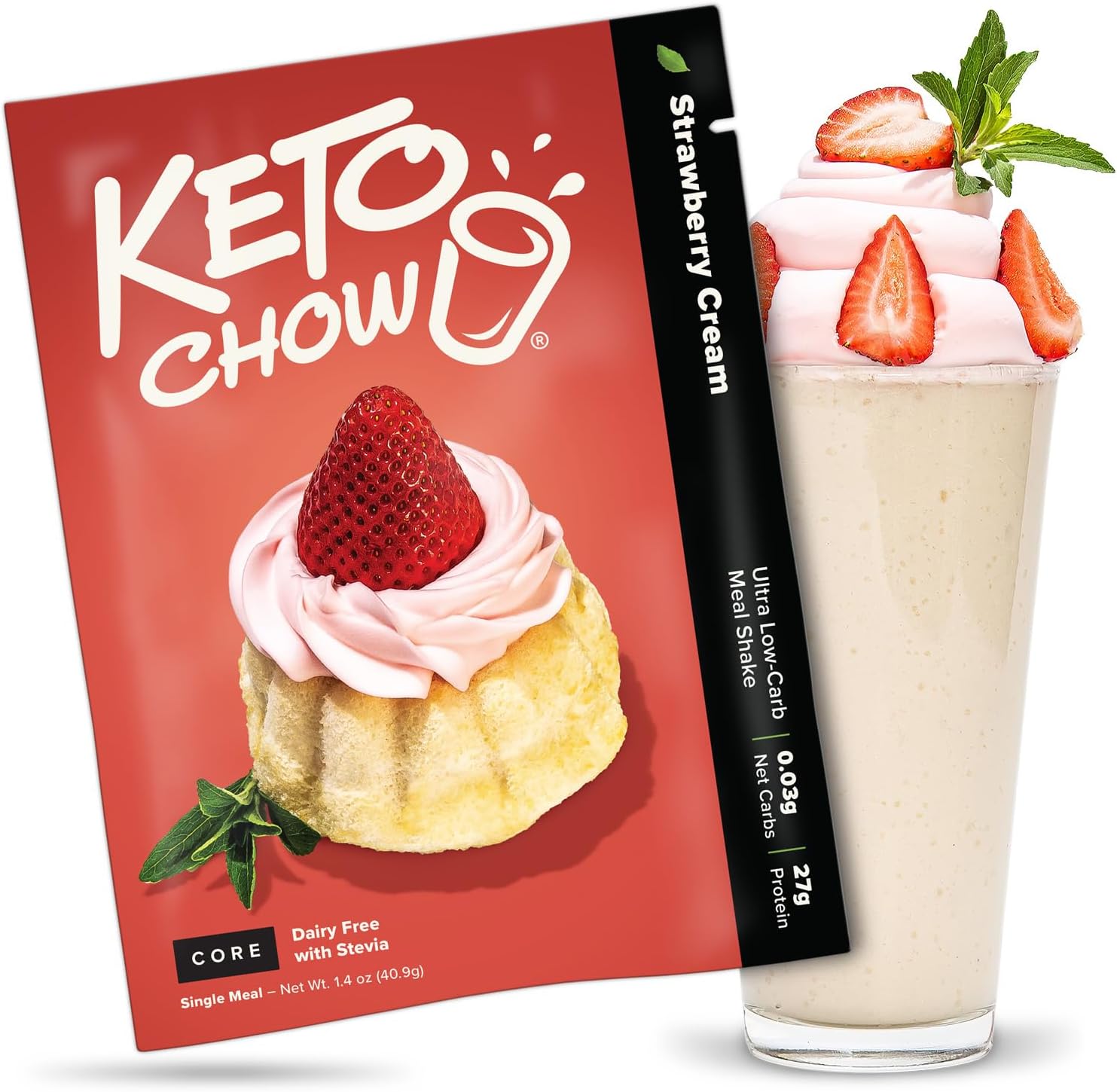 Keto Chow Strawberry Cream CORE with Stevia Meal Replacement Shake Powder, Nutritionally Complete Low Carb Meal, High Protein Breakfast or Lunch Replacement, Gluten Free, Keeps You Full for Hours, 1 Meal