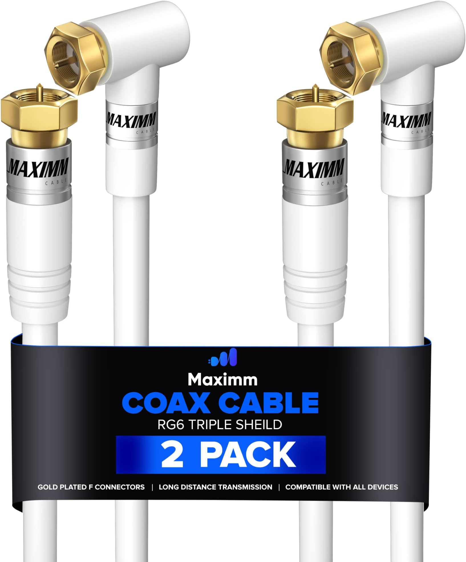 Coaxial Cable RG6, with a Right Angle 90-Degree Connector, 2 ft, 2 Pack, Coax Cable F-Type Triple Shielded Coax Cable 2 Feet (White)