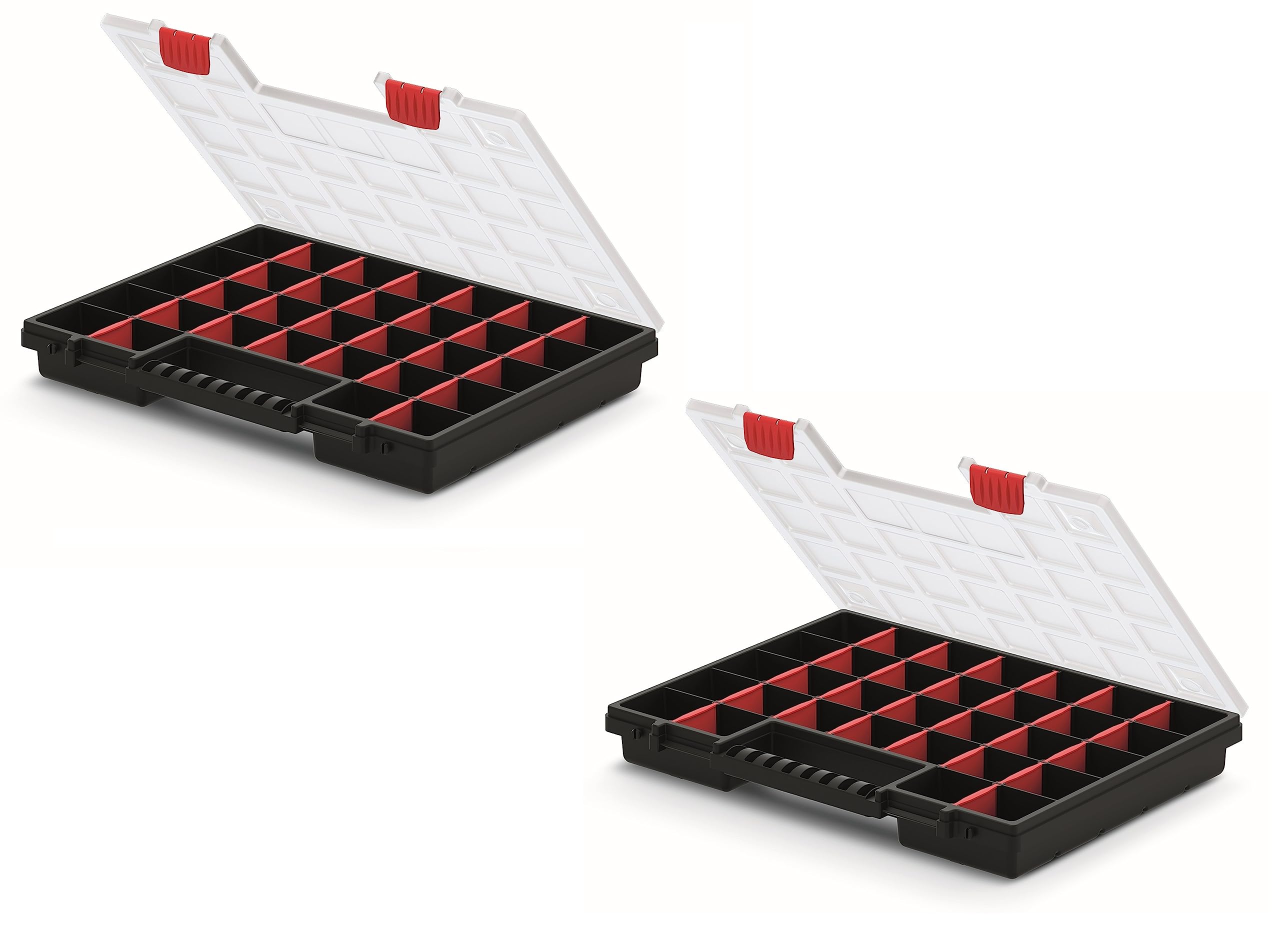 Mivos Scatola di assortimento su entrambi i lati, 399 x 303 x 100 mm, 2 lati, con 64 scomparti regolabili, per viti, per accessori, robusta cassetta degli attrezzi per officina - Made in EU
