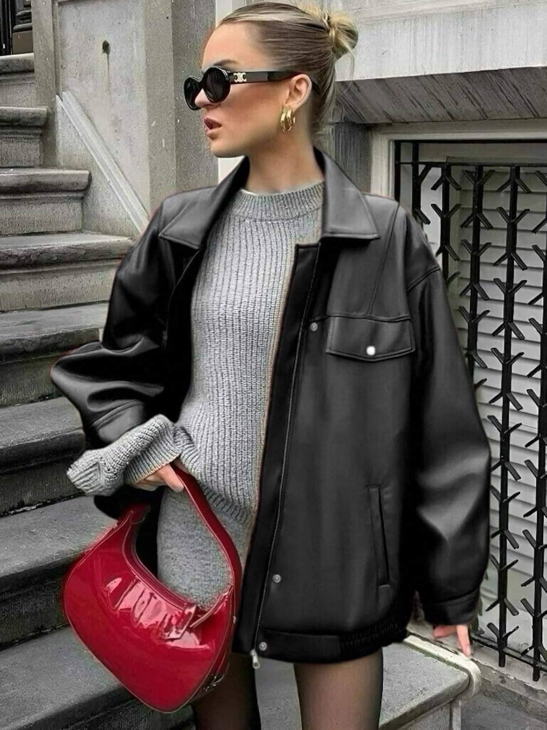 hathne Women's PU Leather Jacket Oversized Vintage Long Sleeve Motorcycle Faux Leather Blazer Jackets