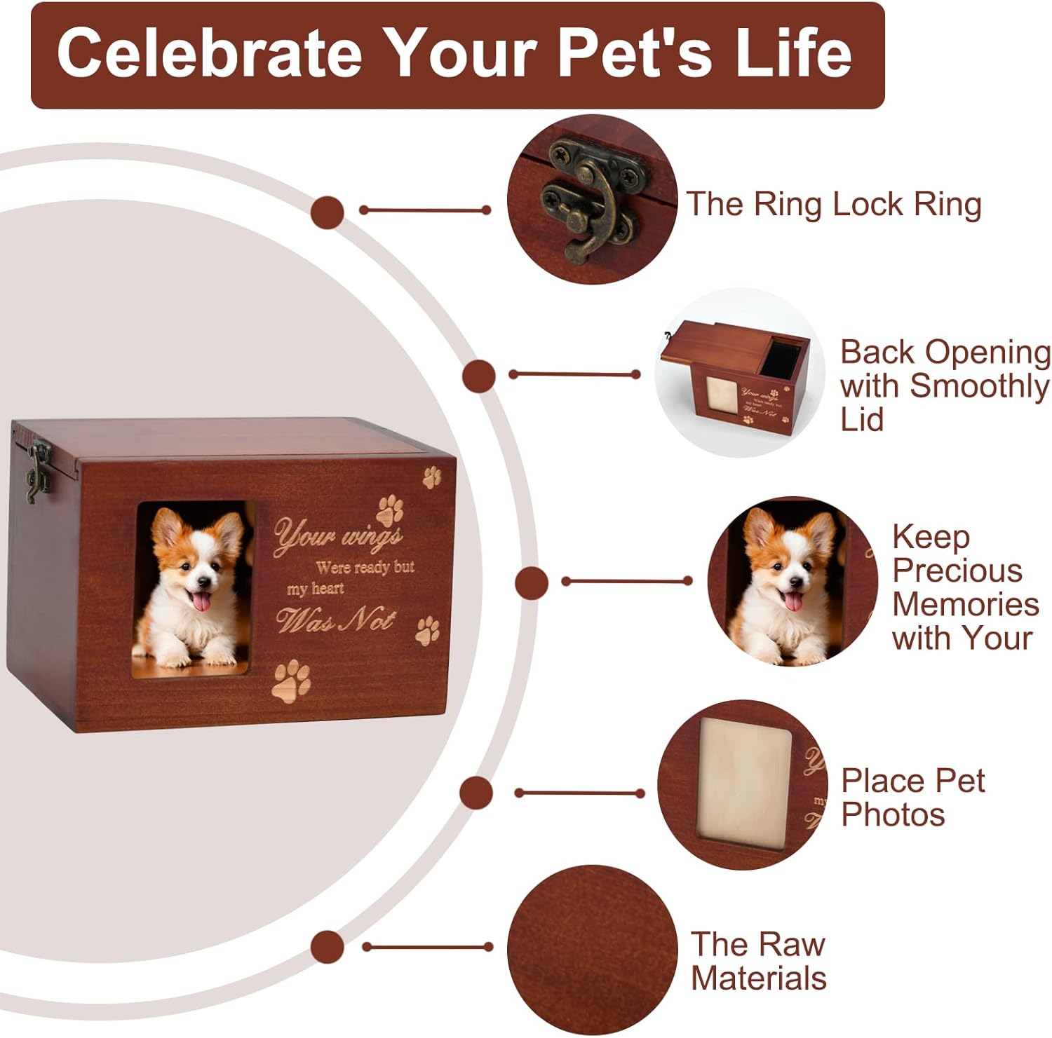 Pet Memorial Urns for Dog or Cat Ashes, Large Wooden Funeral Cremation Urns with Photo Frame, Keepsake Memory Box with Flannel Lining (Brown)