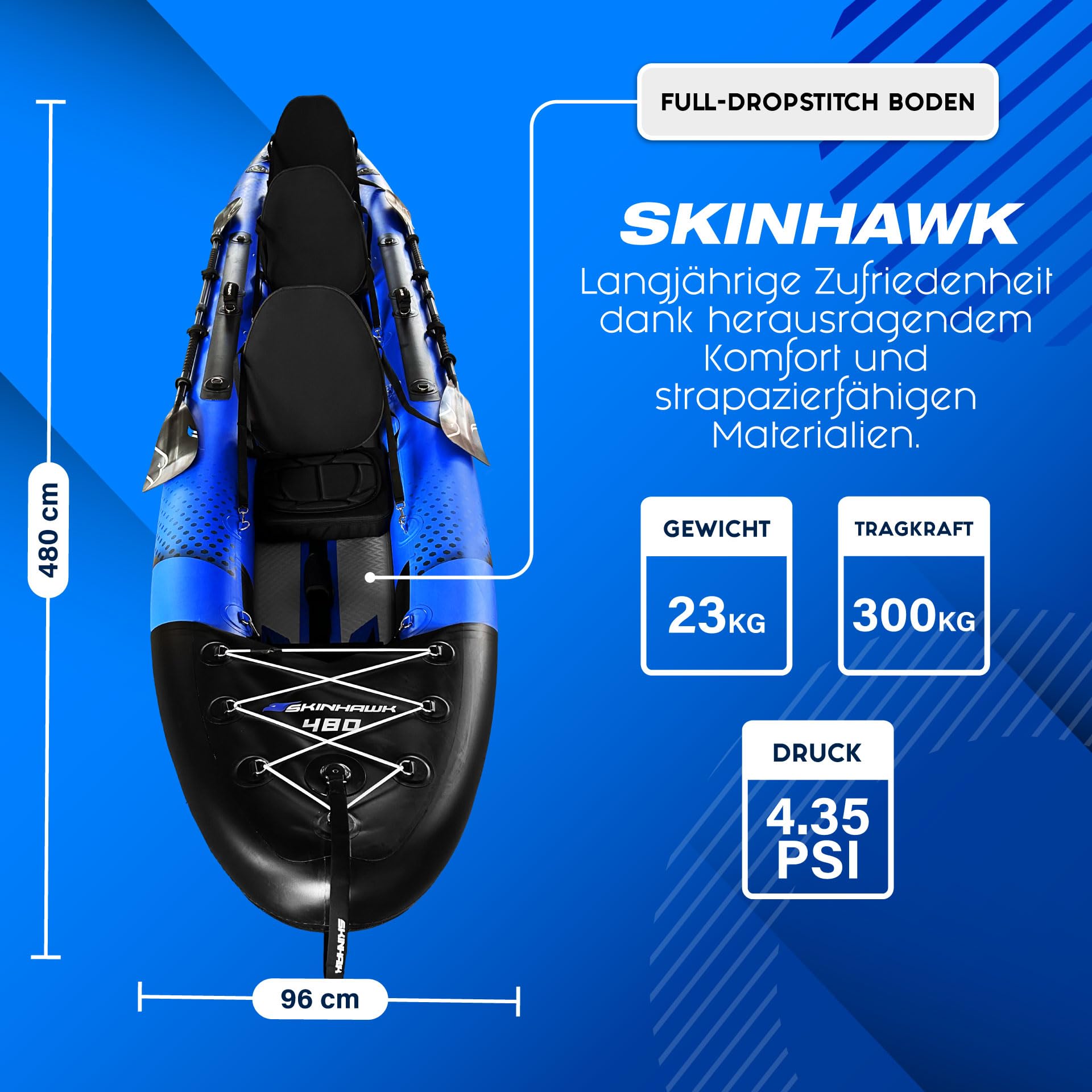 SKINHAWK Exclusiv Blau Kajak Set 480 – Schlauchboot – Kanu - 480 x 96 cm - 3 Personen Kajak