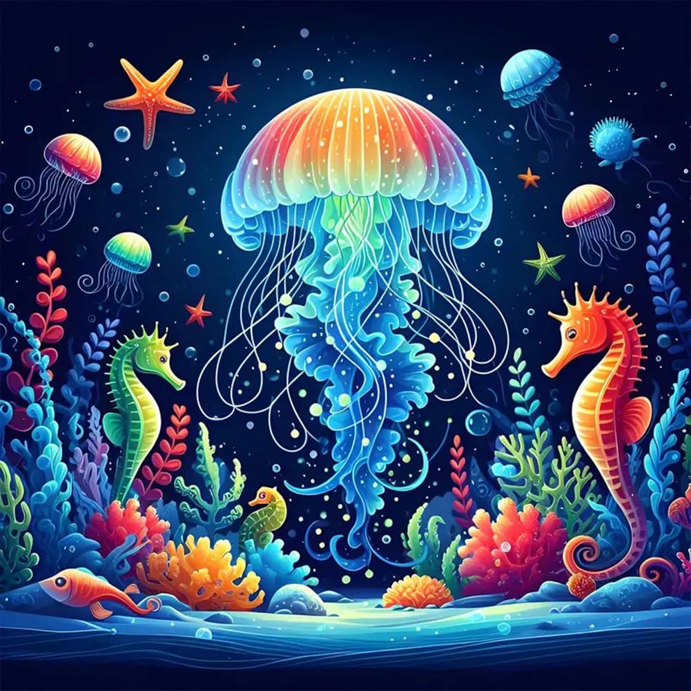 Anuver Diamond Painting Kits for Adults Glowing Jellyfish, 5D Round Diamond Art Kits for Beginners, DIY Full Drill Crystal Gem Painting Kits for Home Wall Decor 12x12Inch, Animal