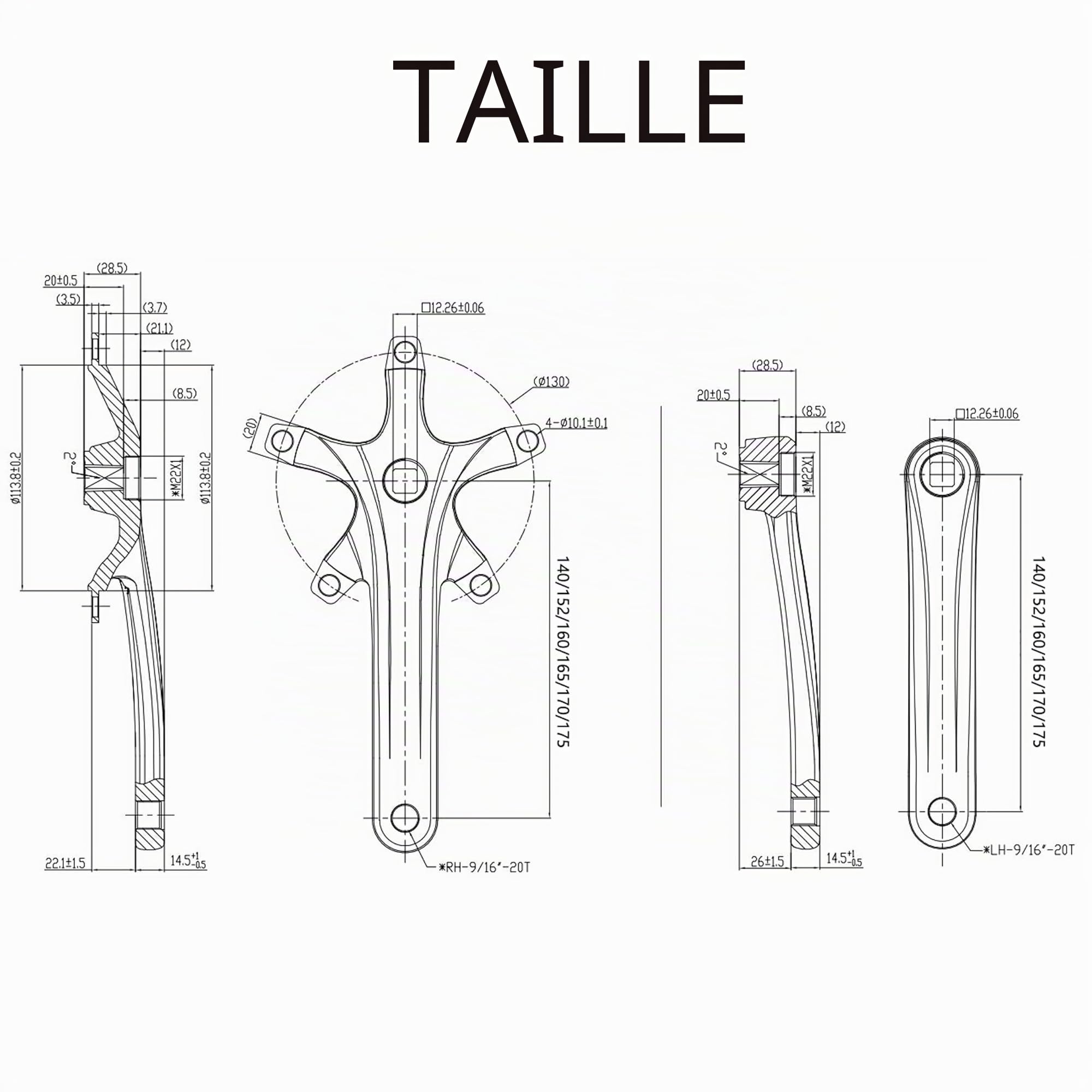 Manivelle universelle pour vélo, trou carré, une paire de manivelles 140 mm/152 mm/160 mm/165 mm/170 mm/175 mm BCD 130 mm pour vélo de ville, vélo de route, vélo pliable, VTT, vélo