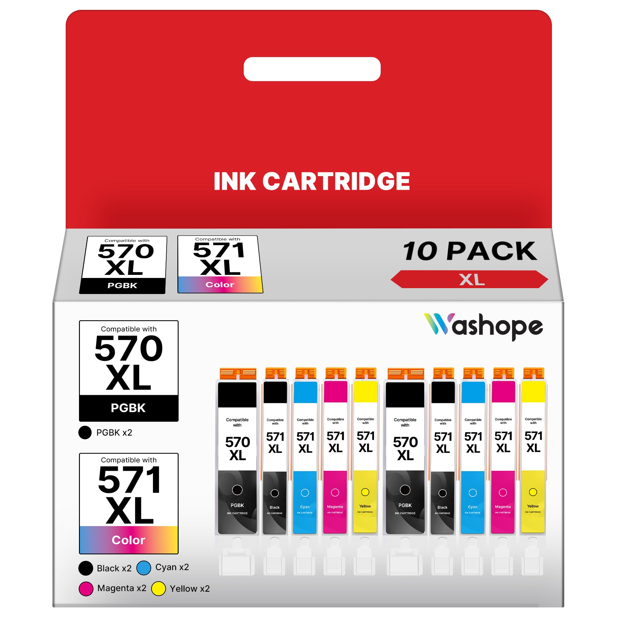 Washope 570XL 571XL Kompatible für Canon TS5050 Druckerpatronen für Canon 570 571 PGI-570 XL CLI-571 XL Patronen TS5055 MG5750 TS6050 MG6850 TS5053 MG5753 MG5751 MG5752 MG6852 (10er-Pack)