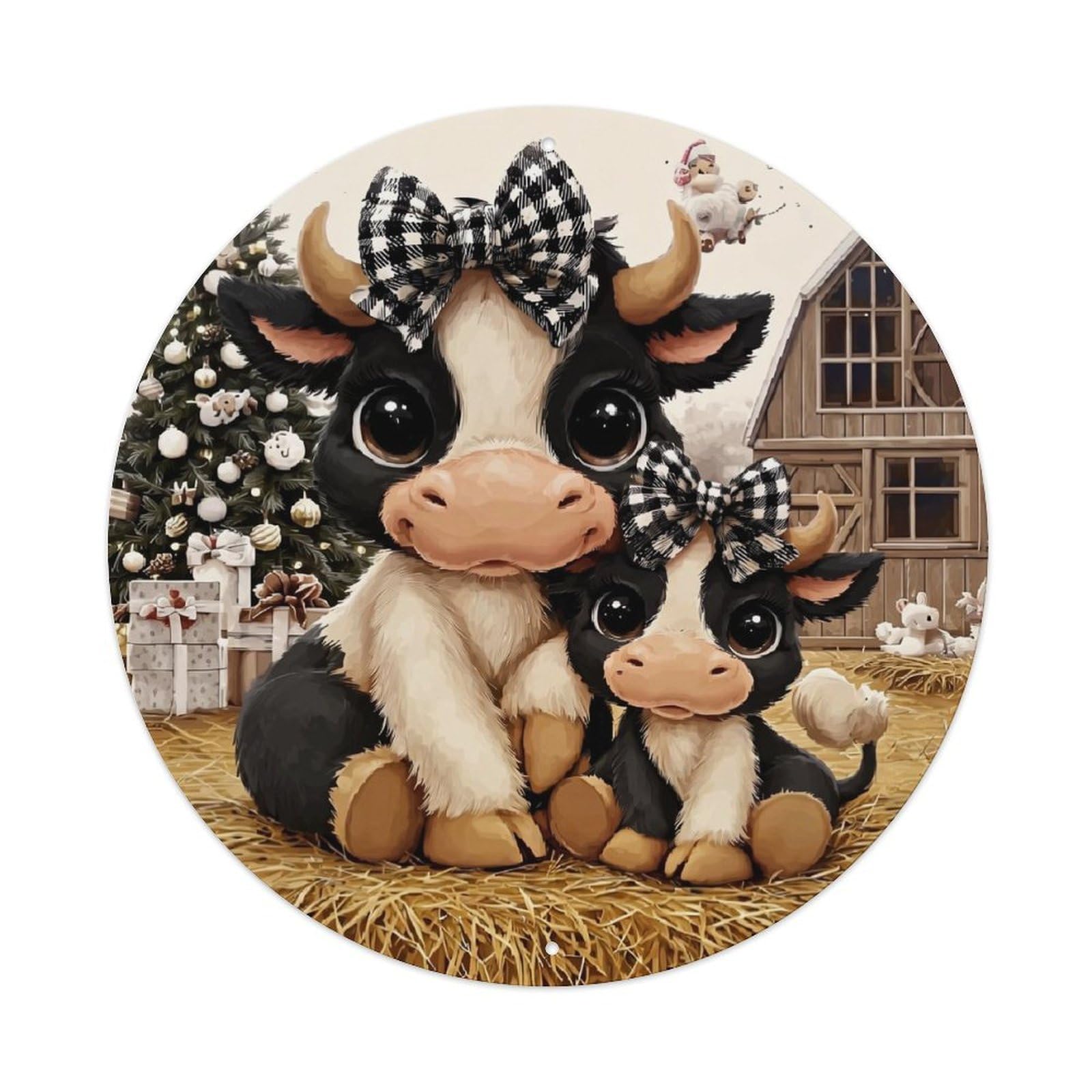 Cute Cow Christmas Barn Scene Retro Metal Sign Round Tin Sign, Vintage Decor Art Poster for Bar, Home, Man Cave, Kitchen, Laundry Room Gift 8x8Inch