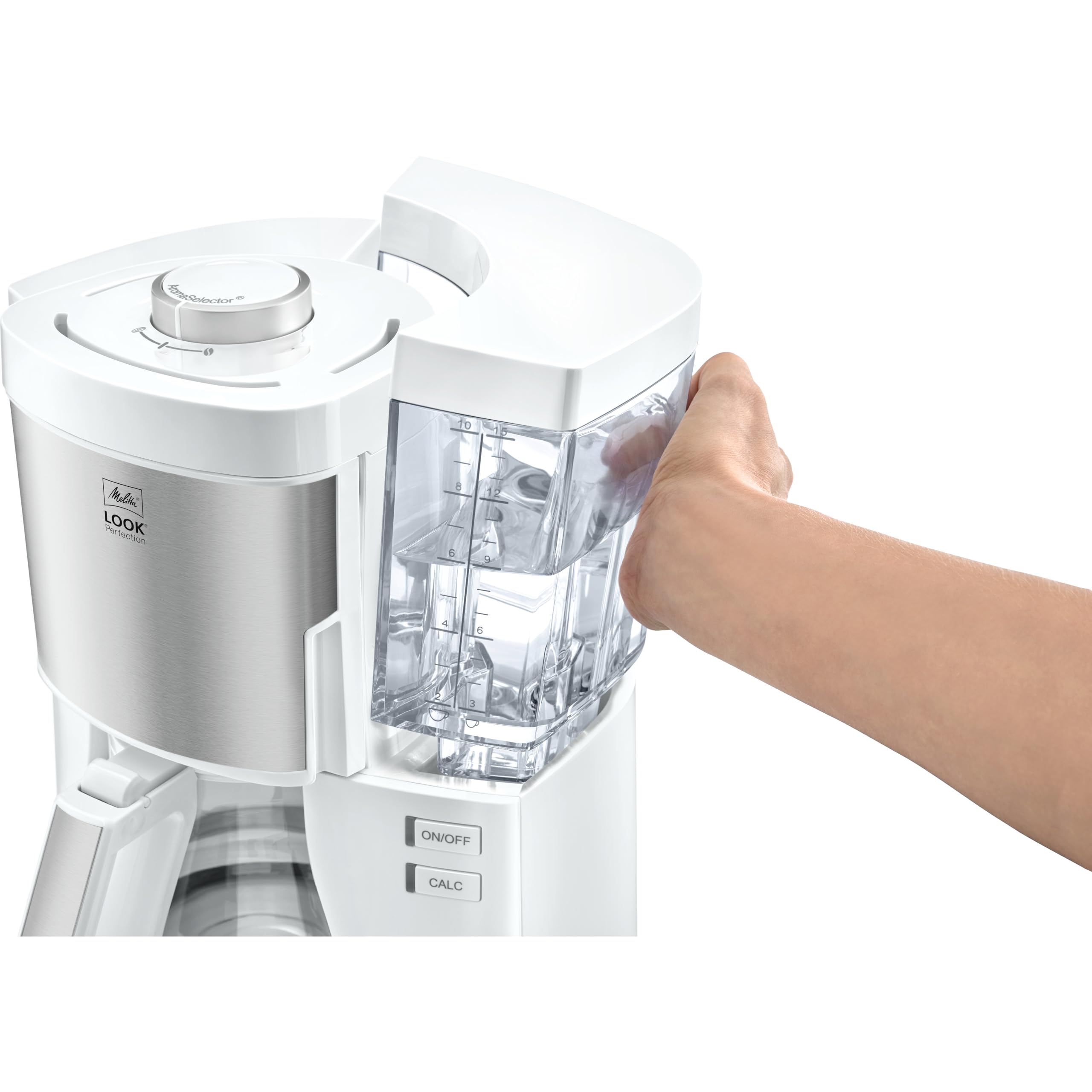 Melitta Look V Perfection 1028-05, Cafetera Goteo, AromaSelector, Jarra de Vidrio, Depósito de Agua Extraíble, Protección 3 en 1 Anti Cal, Moderna, 1,25 Litros, 10 Tazas, Filtros 1x4, 1080W, Blanco