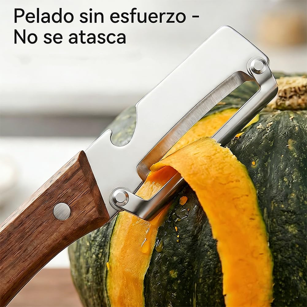 Pelador Multifuncional 3 en 1 con Mango de Madera Ergonómico, Pelador de Patatas y Frutas de Acero Inoxidable con Abrebotellas y Función de Cortador para Embutidos y Verduras - Zero Snag (2) — view 4