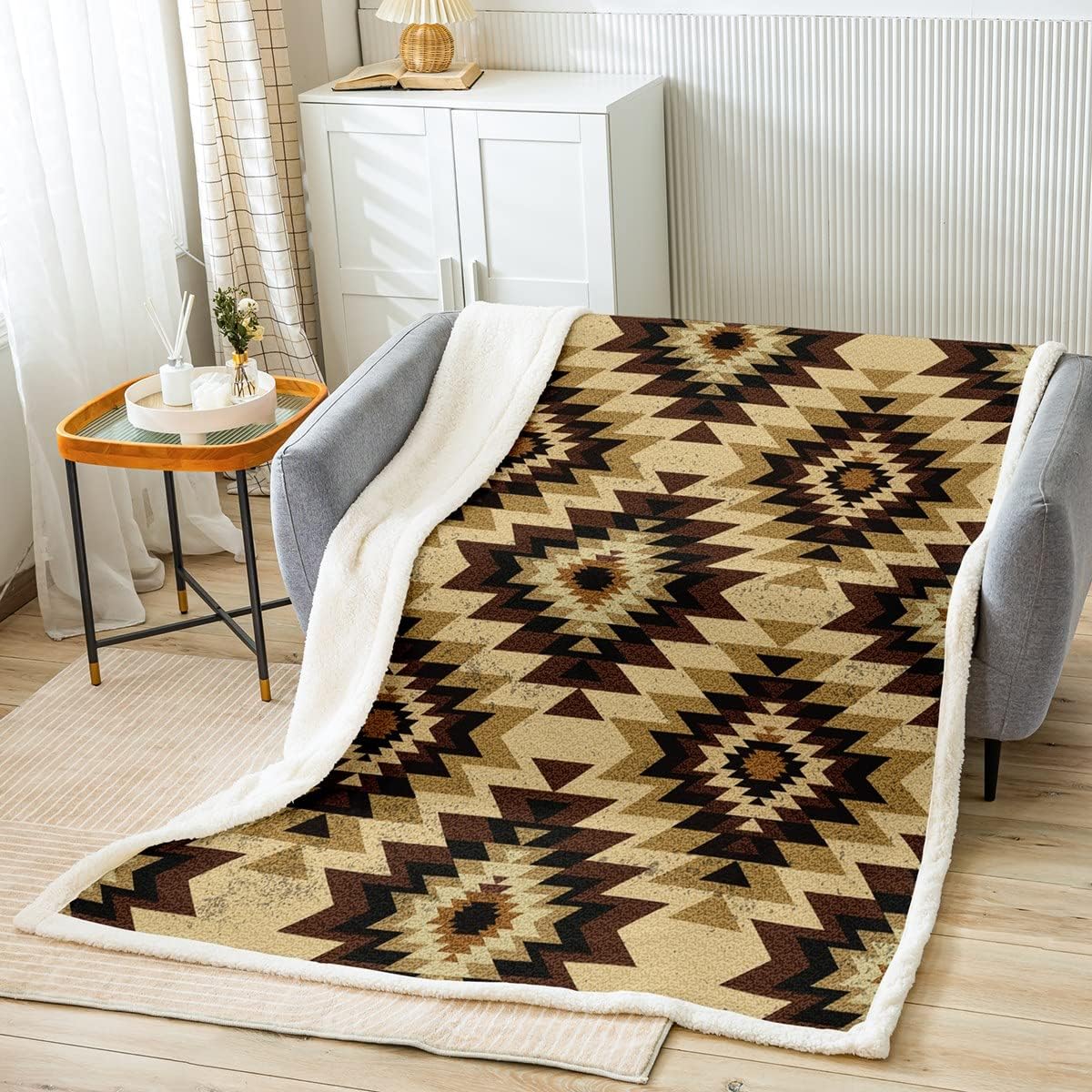 Kids Southwest Native American Fleece Throw Blanket 40"x50" Brown Black Beige Geometric Sherpa Blanket for Bedroom Decor Tribal Plush Blanket Set Women Men Fuzzy Blanket Multi 05 40"x50"