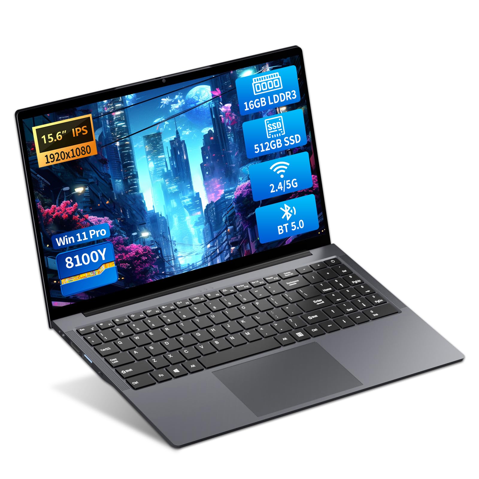 PC Portatile 15.6 Pollici, Win 11 Notebook Core I3-8100Y CPU, Notebook 16GB RAM 512GB SSD, Laptop 1080P IPS FHD Schermo, Portatile con Type-C+TF Card Slot+Mini HDMI+USB3.0+Mini-HDMI+BT5+Webcam+WIFI5