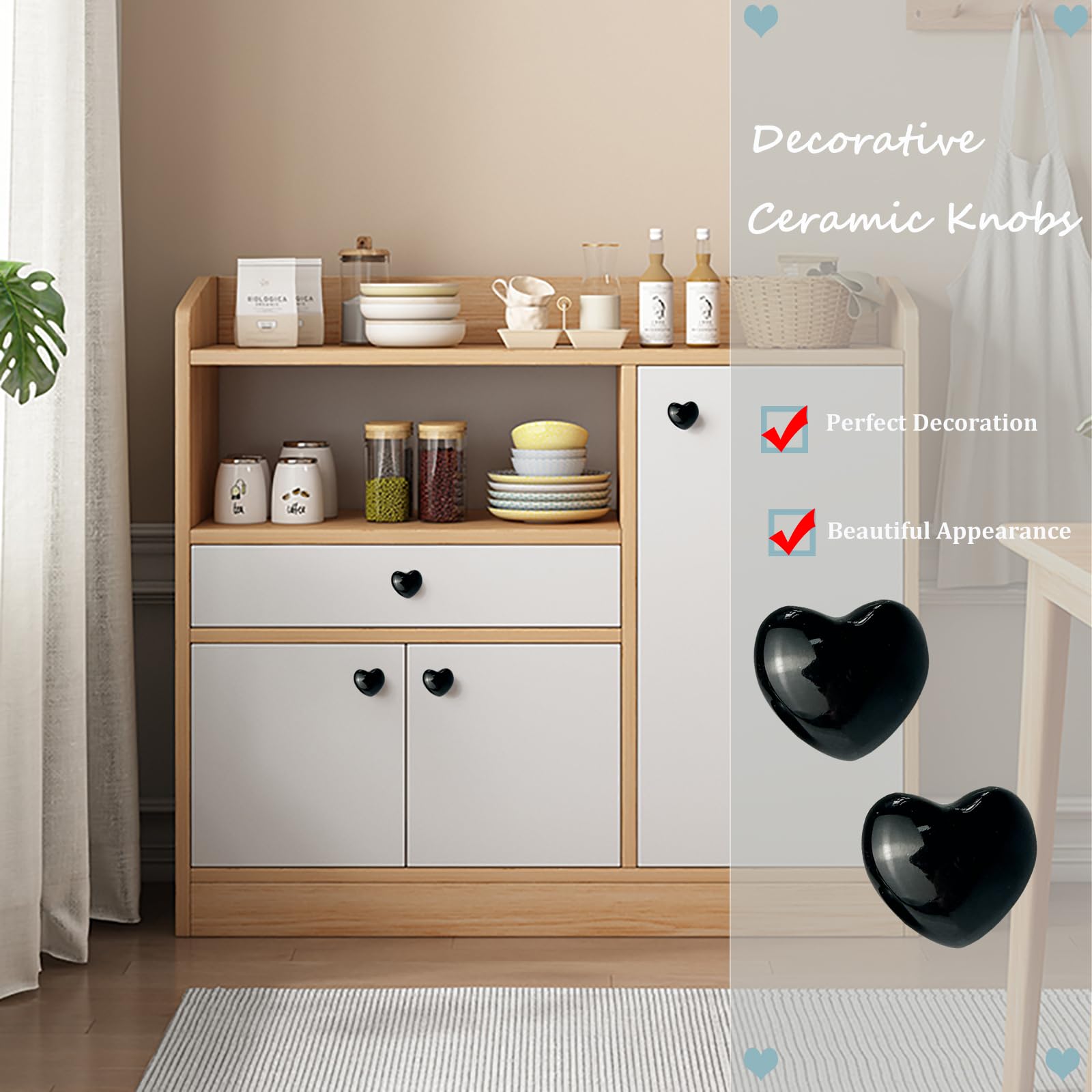 Mimhooy 4 Pack Black Ceramic Heart Shaped Drawer Knobs - Decorative Cabinet and Cupboard Pulls - Image 4