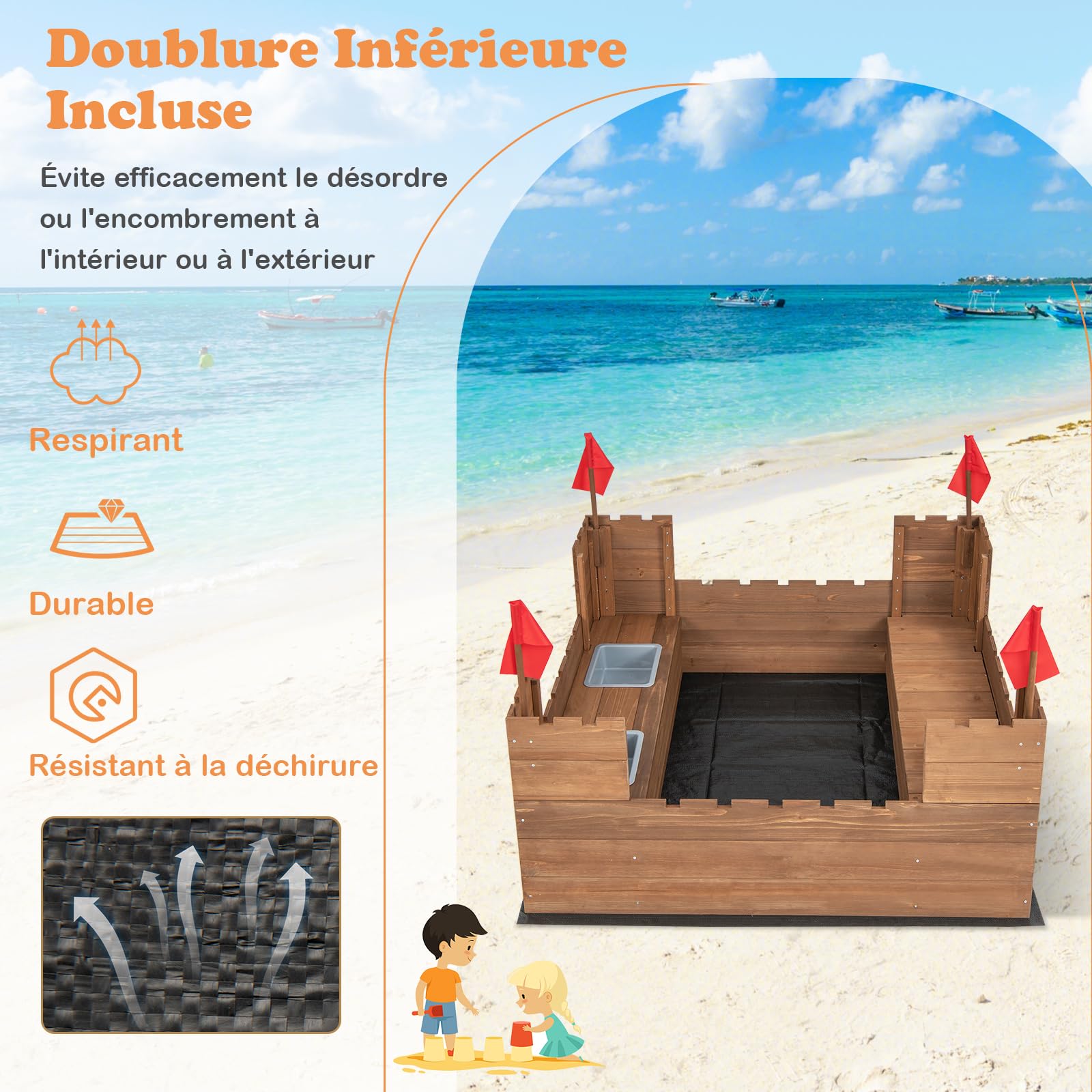 COSTWAY Bac à Sable en Bois Enfants 113 x 116cm avec 2 Bancs, Boîte à Sable sur Thème du Château avec 2 Boîte Amovibles & Drapeaux, Capacité de Sable 120L pour 2 Enfants de 3-8 Ans